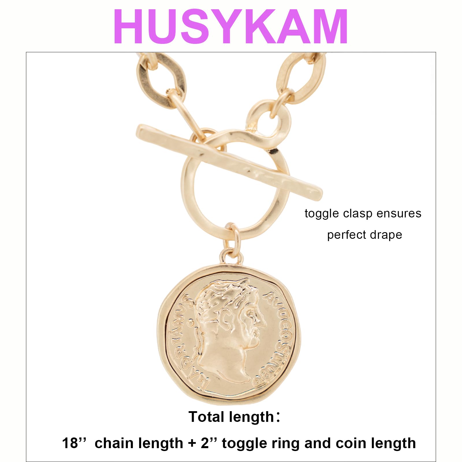 Chunky Coin Pendant Necklace for Women, 18K Gold Plated Double-Sided Antique Coin Necklace, Thick Toggle Link Chain Layered Statement Jewelry, 18 Inch thumbnail