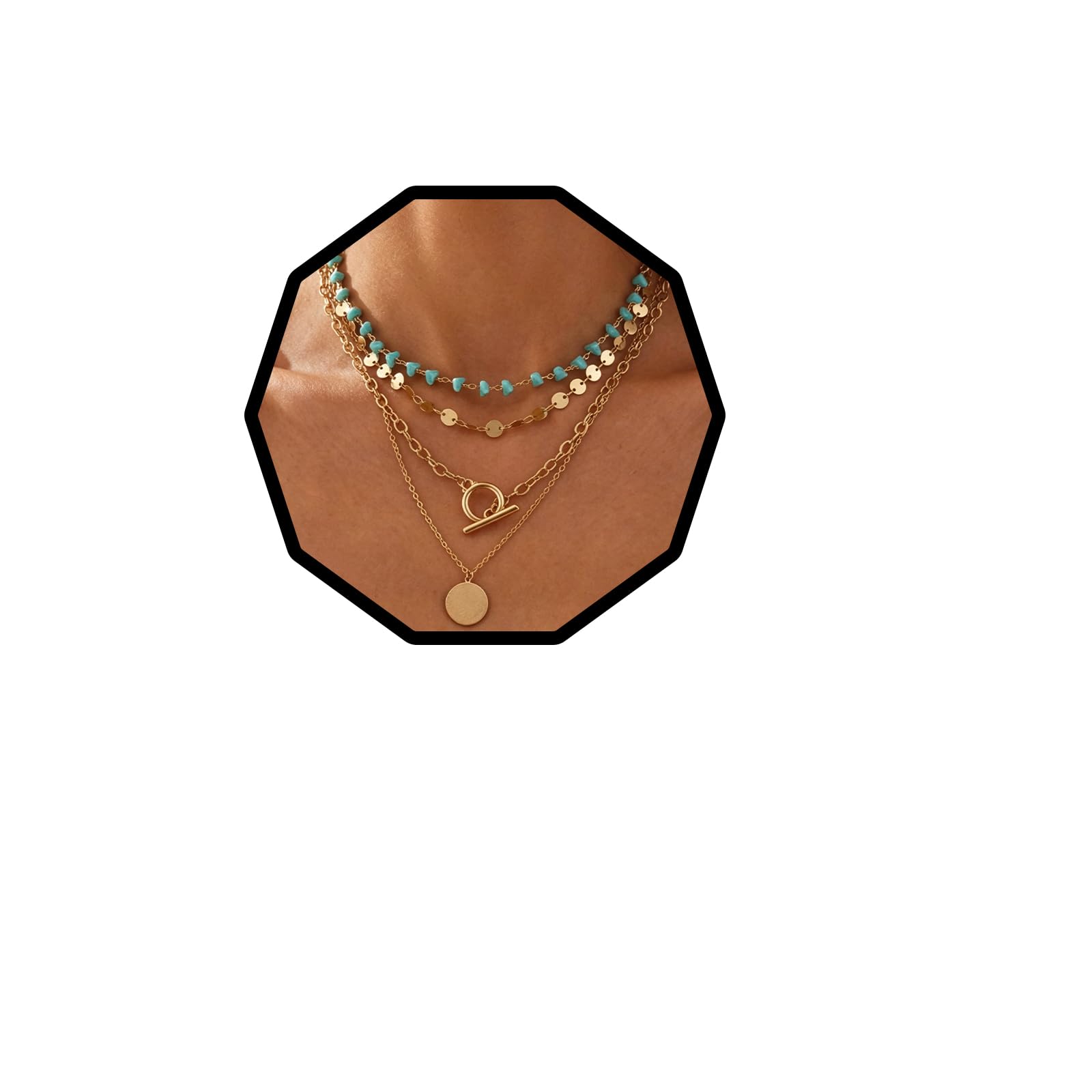 Layered Necklace for Women Western Boho Country Necklace 4-Tier Turquoise Beaded OT Clasp Necklaces Country Concert Accessories for Women