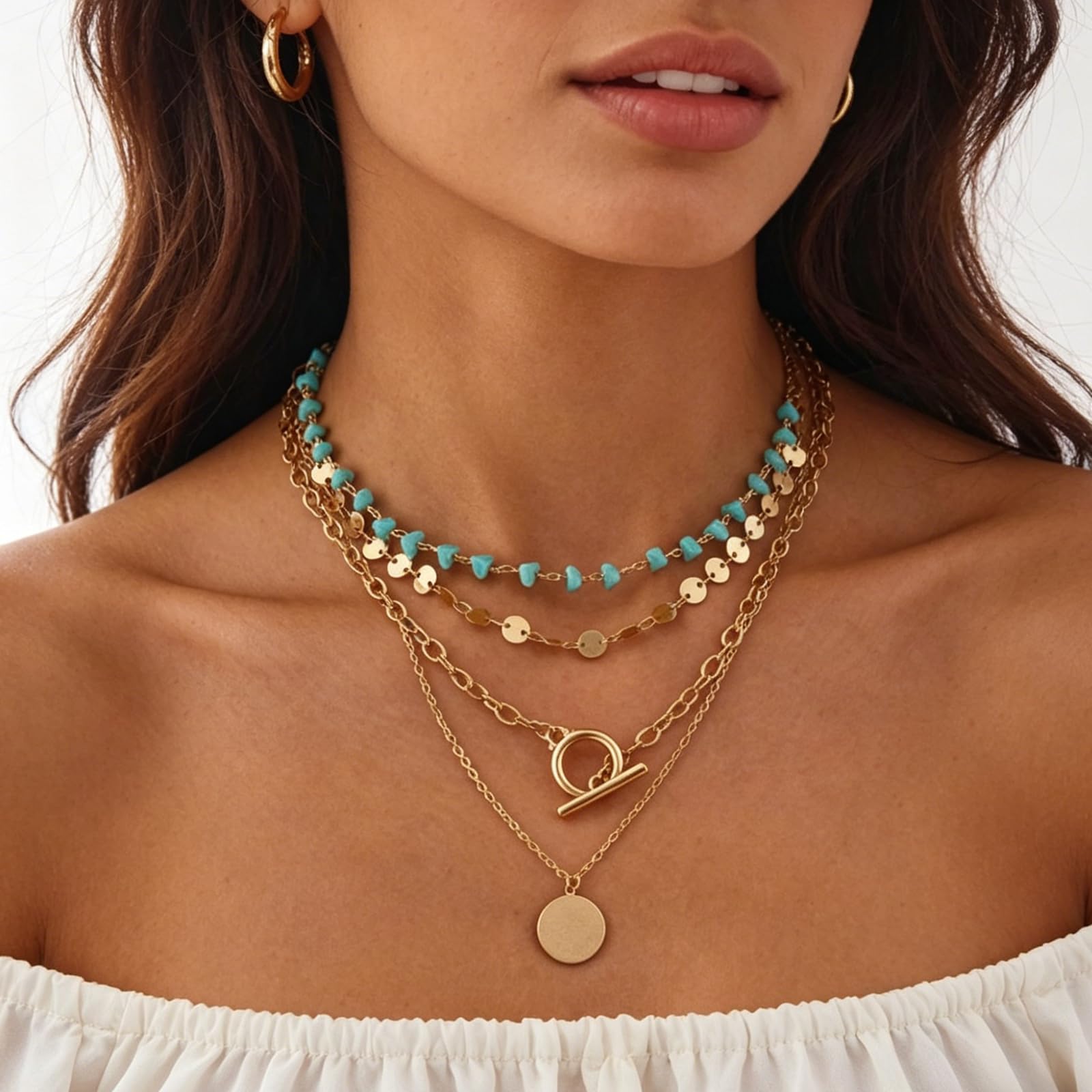 Layered Necklace for Women Western Boho Country Necklace 4-Tier Turquoise Beaded OT Clasp Necklaces Country Concert Accessories for Women thumbnail