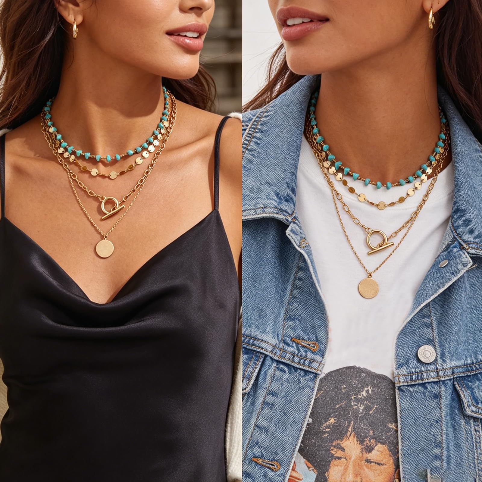 Layered Necklace for Women Western Boho Country Necklace 4-Tier Turquoise Beaded OT Clasp Necklaces Country Concert Accessories for Women thumbnail