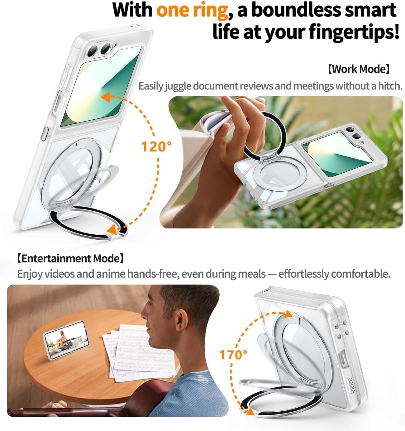 【360°Spin Magnetic Stand】 Case for Galaxy Z Flip 6/5 【Fit for MagSafe & Pixelsnap】 Cover with Ring Holder 【No-Yellow Crystal Clear】 Camera Protection Phone Samsung Galaxy Z Flip 6/5 Case - Clear thumbnail