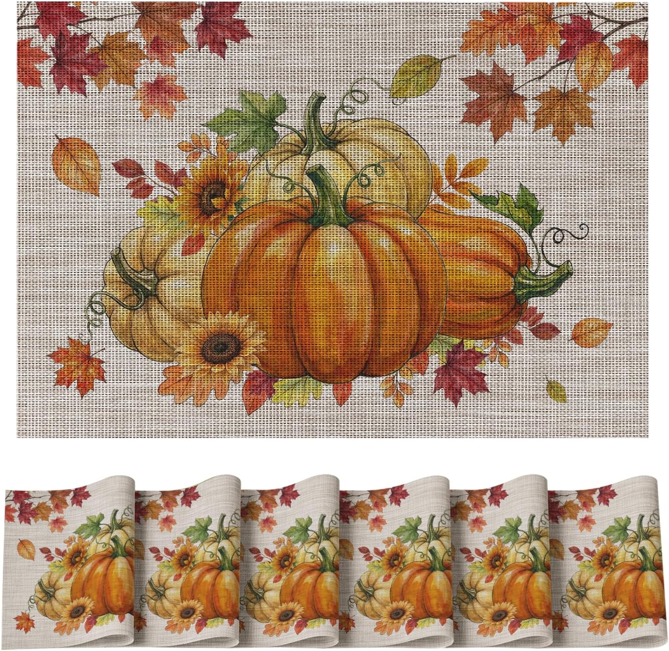 Artoid Mode Pumpkins Maple Leaves Fall Vinyl Placemats Set of 6, Wipeable Colorful Printing PVC Place Mats for Party Kitchen Dining Decor, Beige
