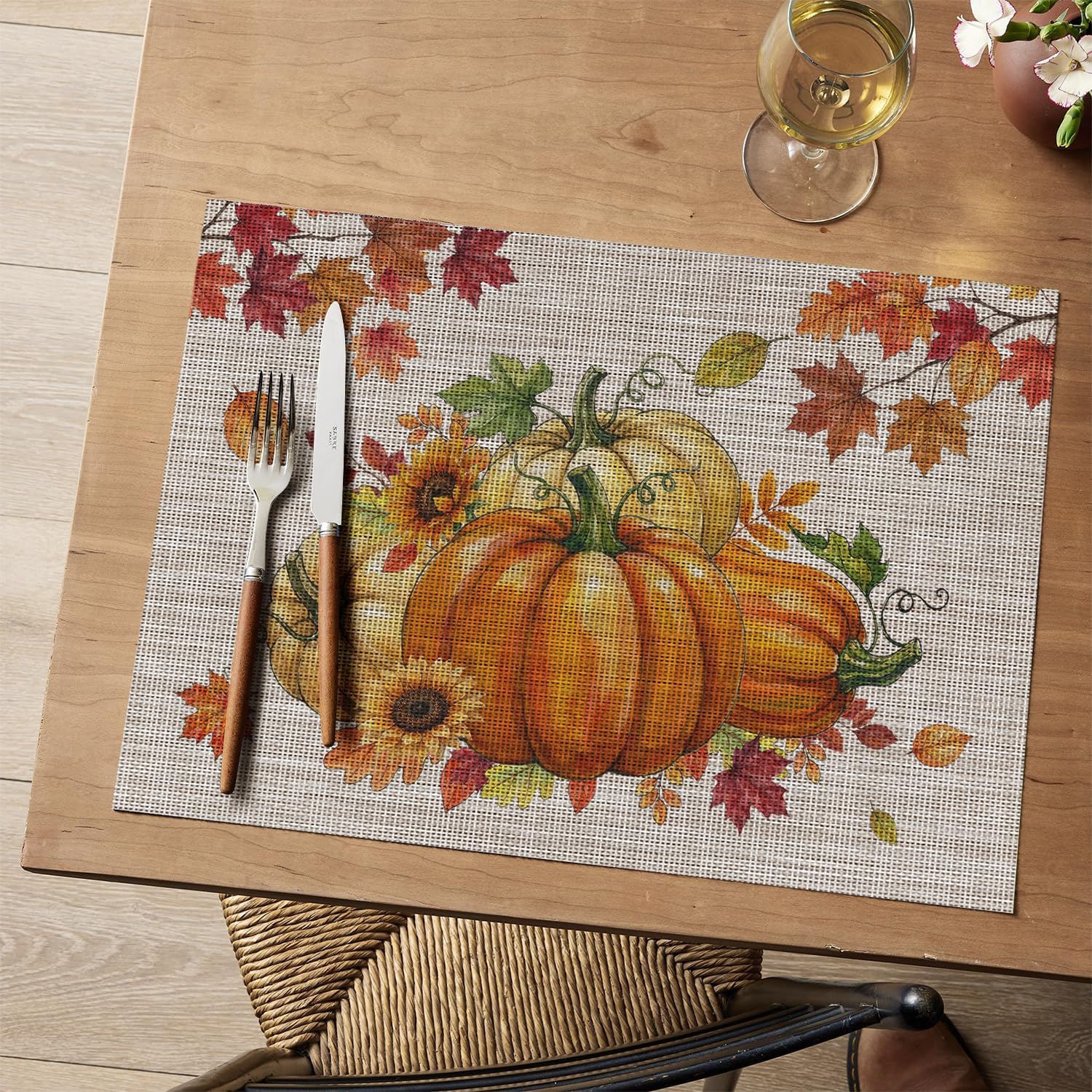 Artoid Mode Pumpkins Maple Leaves Fall Vinyl Placemats Set of 6, Wipeable Colorful Printing PVC Place Mats for Party Kitchen Dining Decor, Beige thumbnail