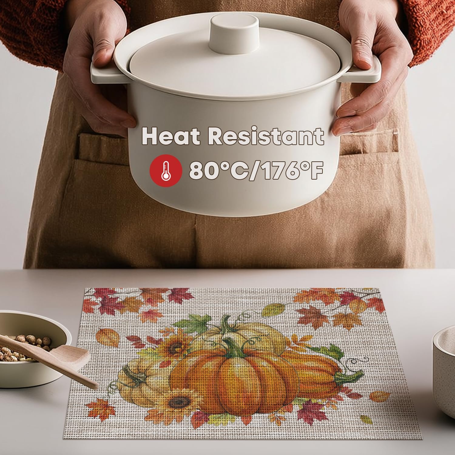 Artoid Mode Pumpkins Maple Leaves Fall Vinyl Placemats Set of 6, Wipeable Colorful Printing PVC Place Mats for Party Kitchen Dining Decor, Beige thumbnail