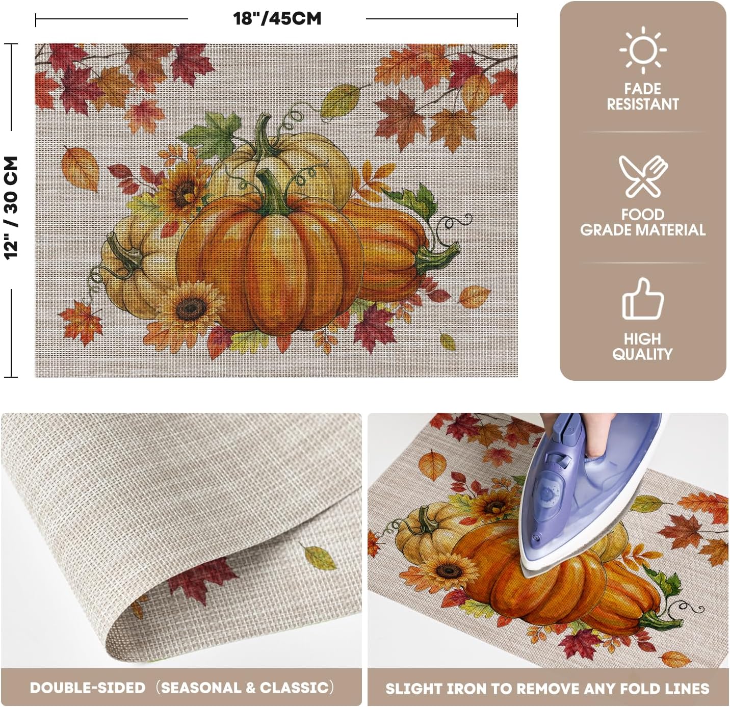 Artoid Mode Pumpkins Maple Leaves Fall Vinyl Placemats Set of 6, Wipeable Colorful Printing PVC Place Mats for Party Kitchen Dining Decor, Beige thumbnail