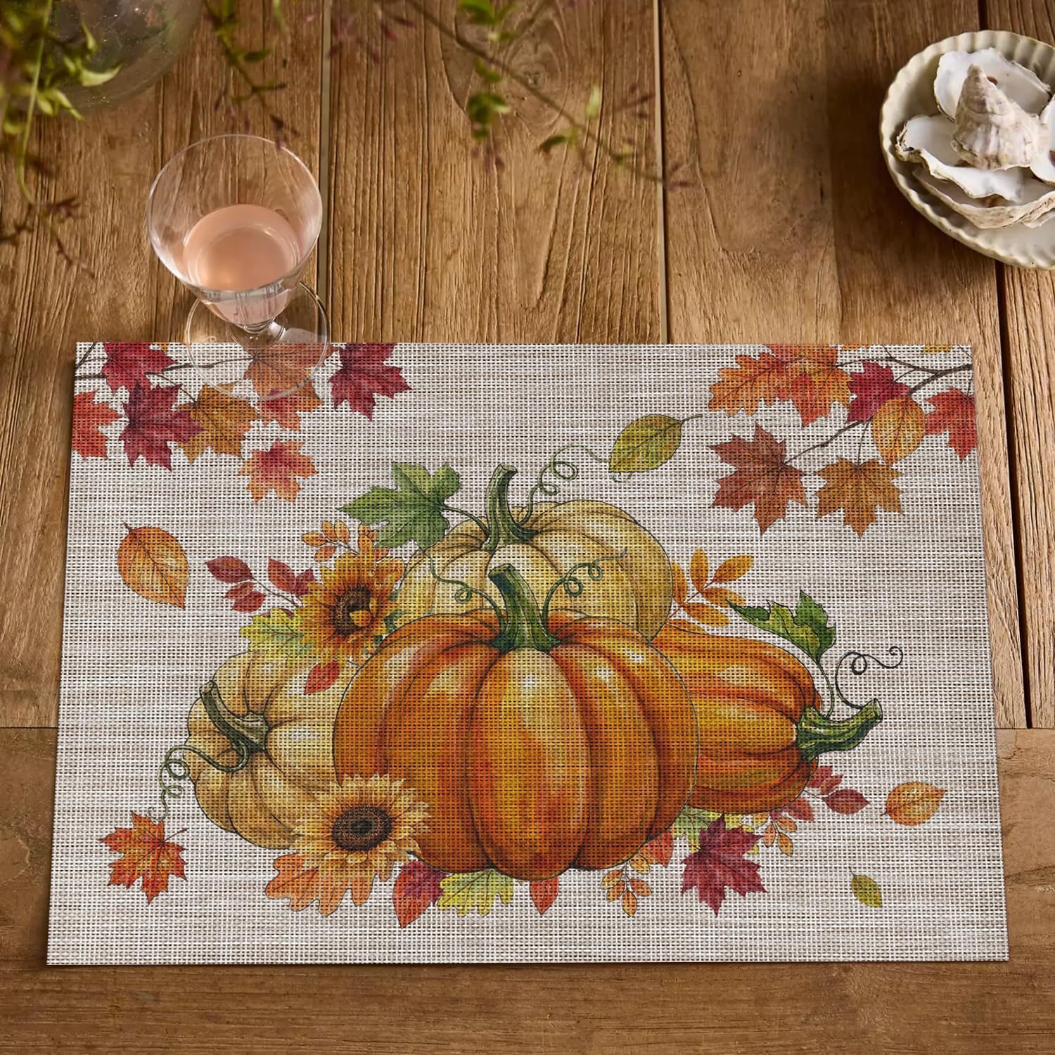 Artoid Mode Pumpkins Maple Leaves Fall Vinyl Placemats Set of 6, Wipeable Colorful Printing PVC Place Mats for Party Kitchen Dining Decor, Beige thumbnail
