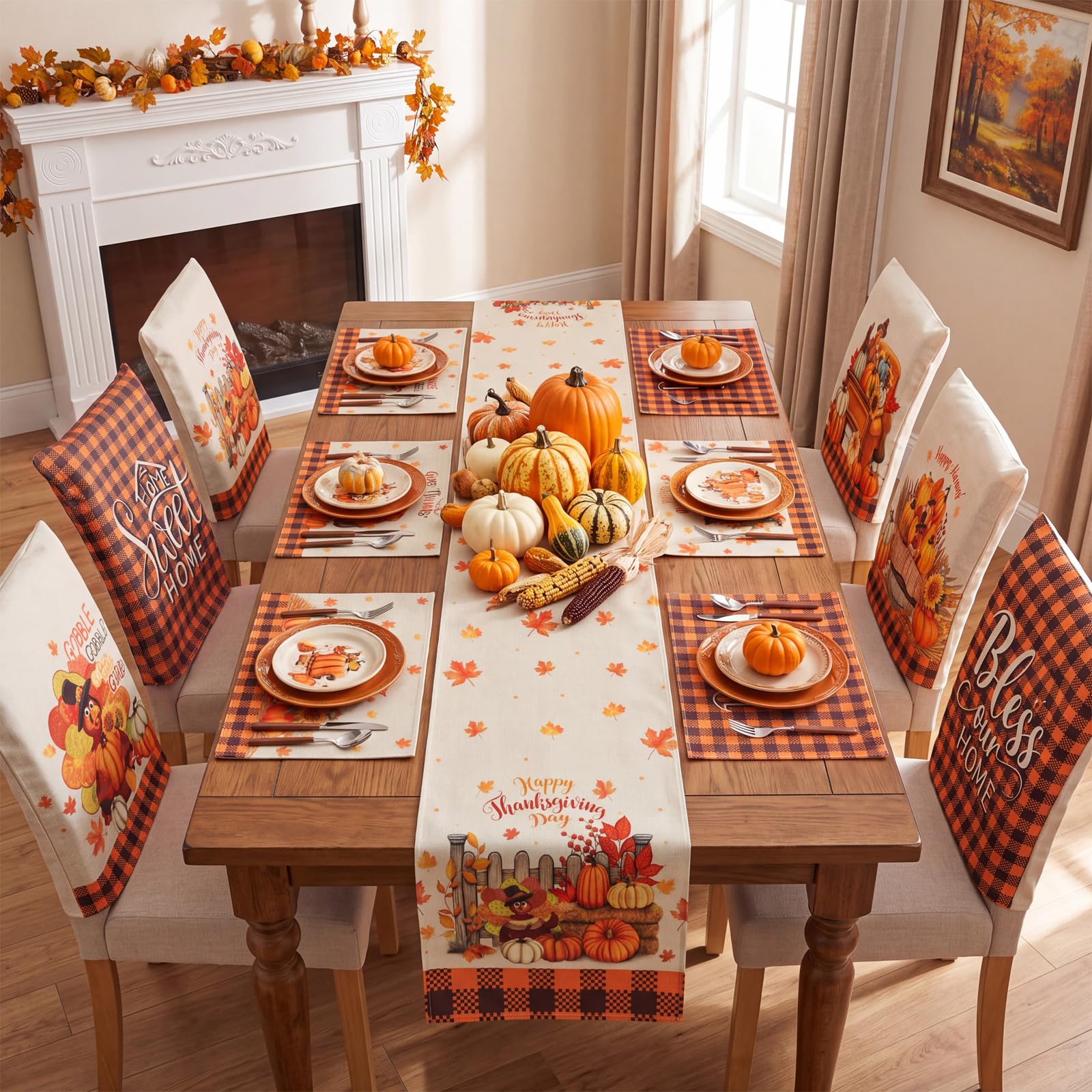 Newtay 13 Pcs Thanksgiving Table Runner Placemat and Dining Chair Cover Set
