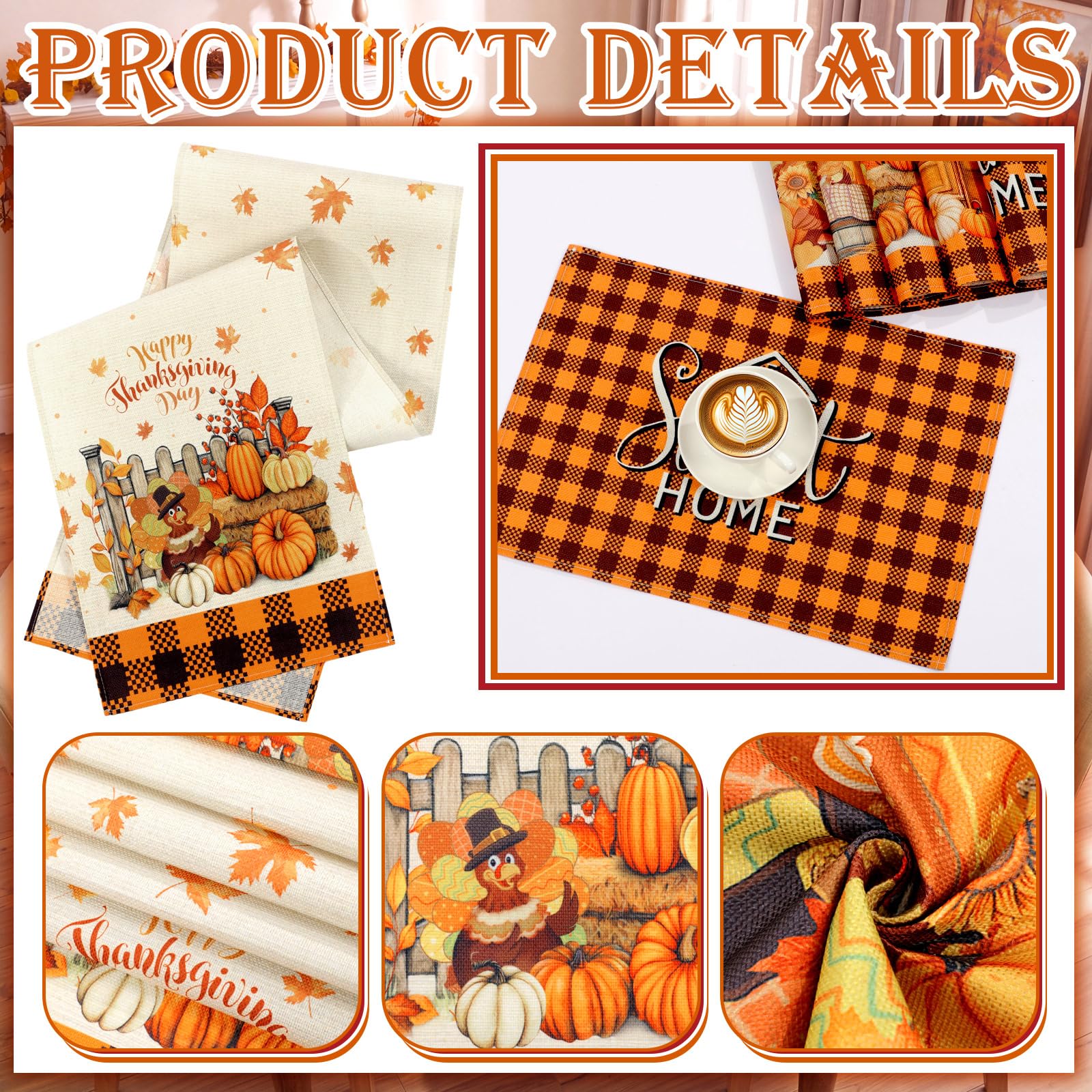Newtay 13 Pcs Thanksgiving Table Runner Placemat and Dining Chair Cover Set thumbnail