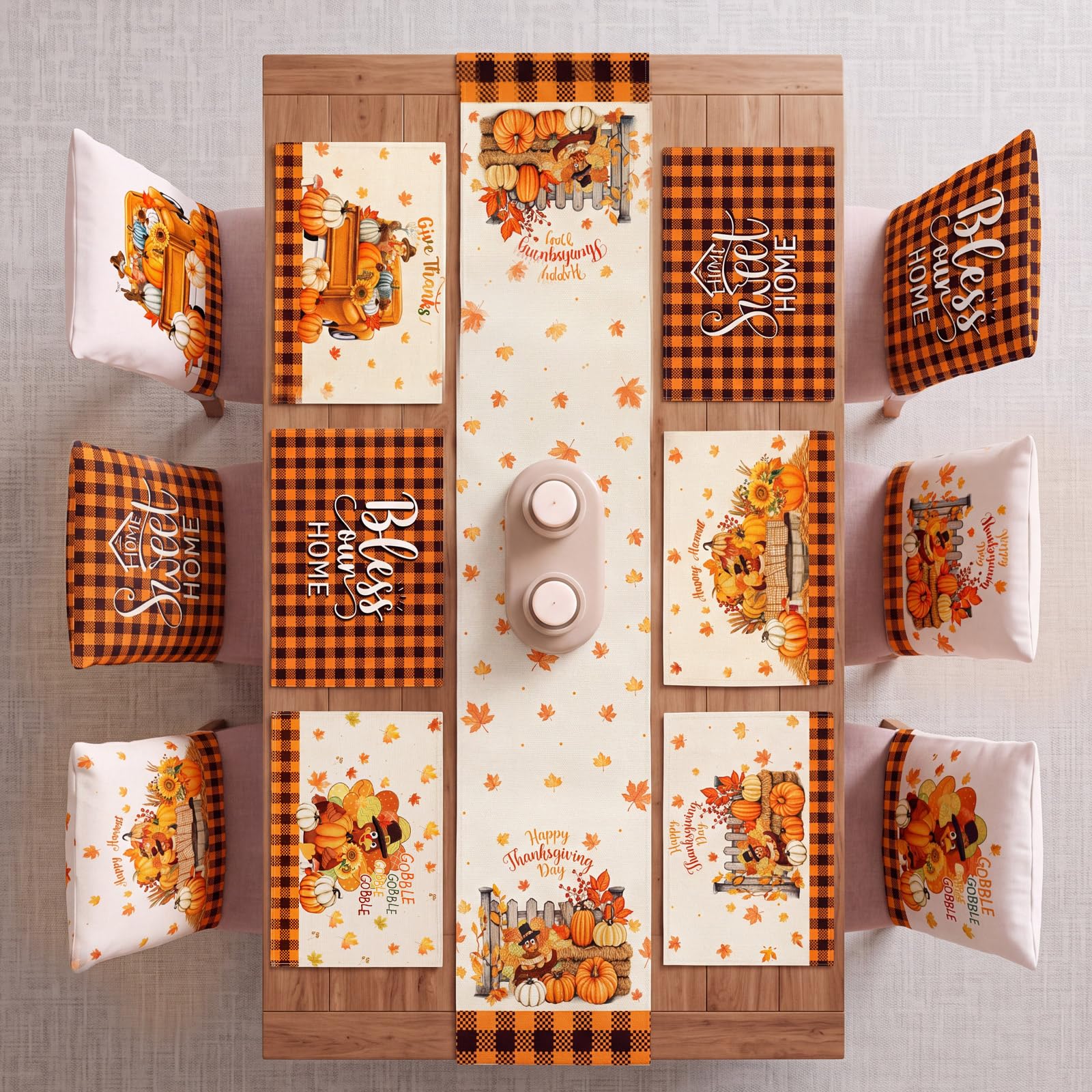 Newtay 13 Pcs Thanksgiving Table Runner Placemat and Dining Chair Cover Set thumbnail