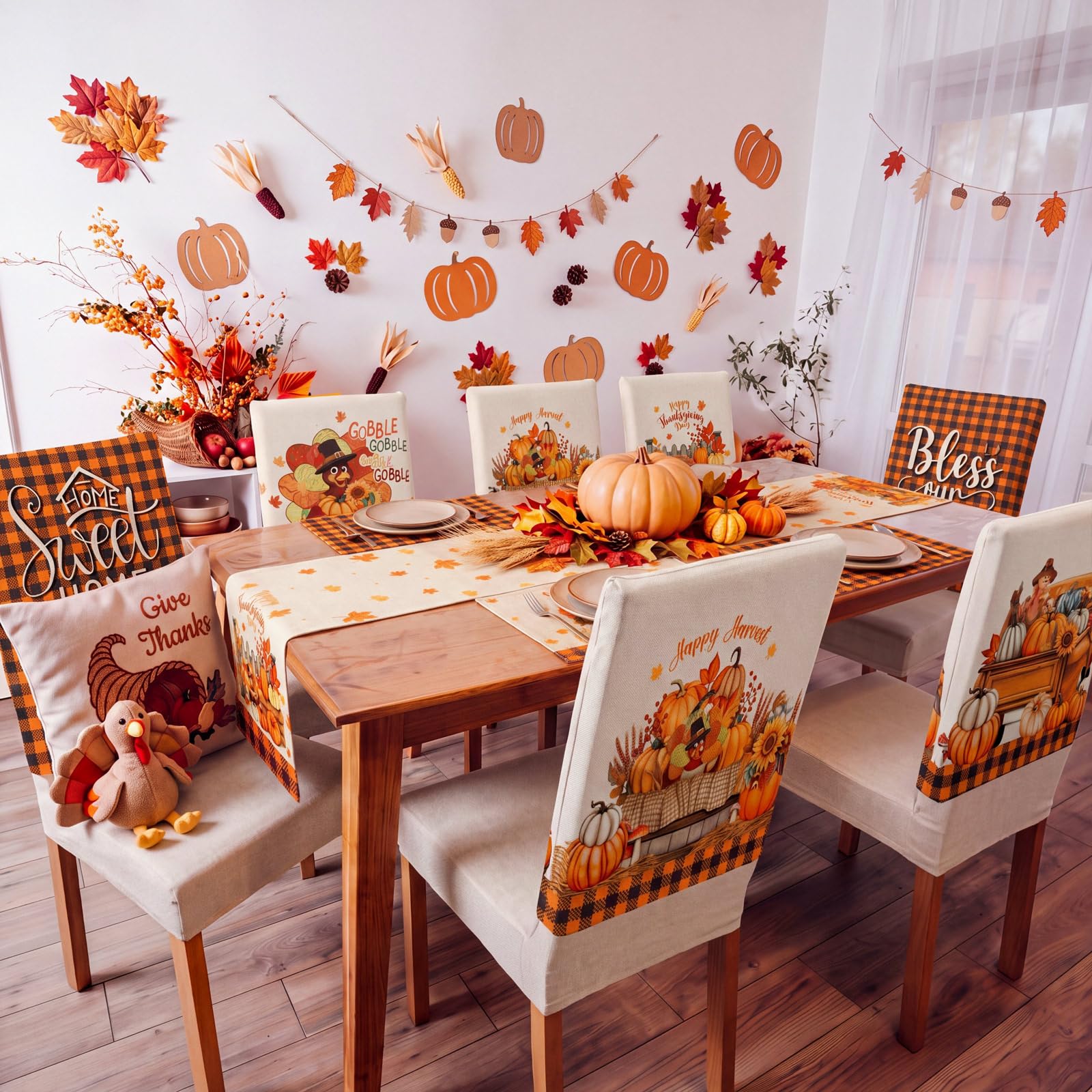 Newtay 13 Pcs Thanksgiving Table Runner Placemat and Dining Chair Cover Set thumbnail