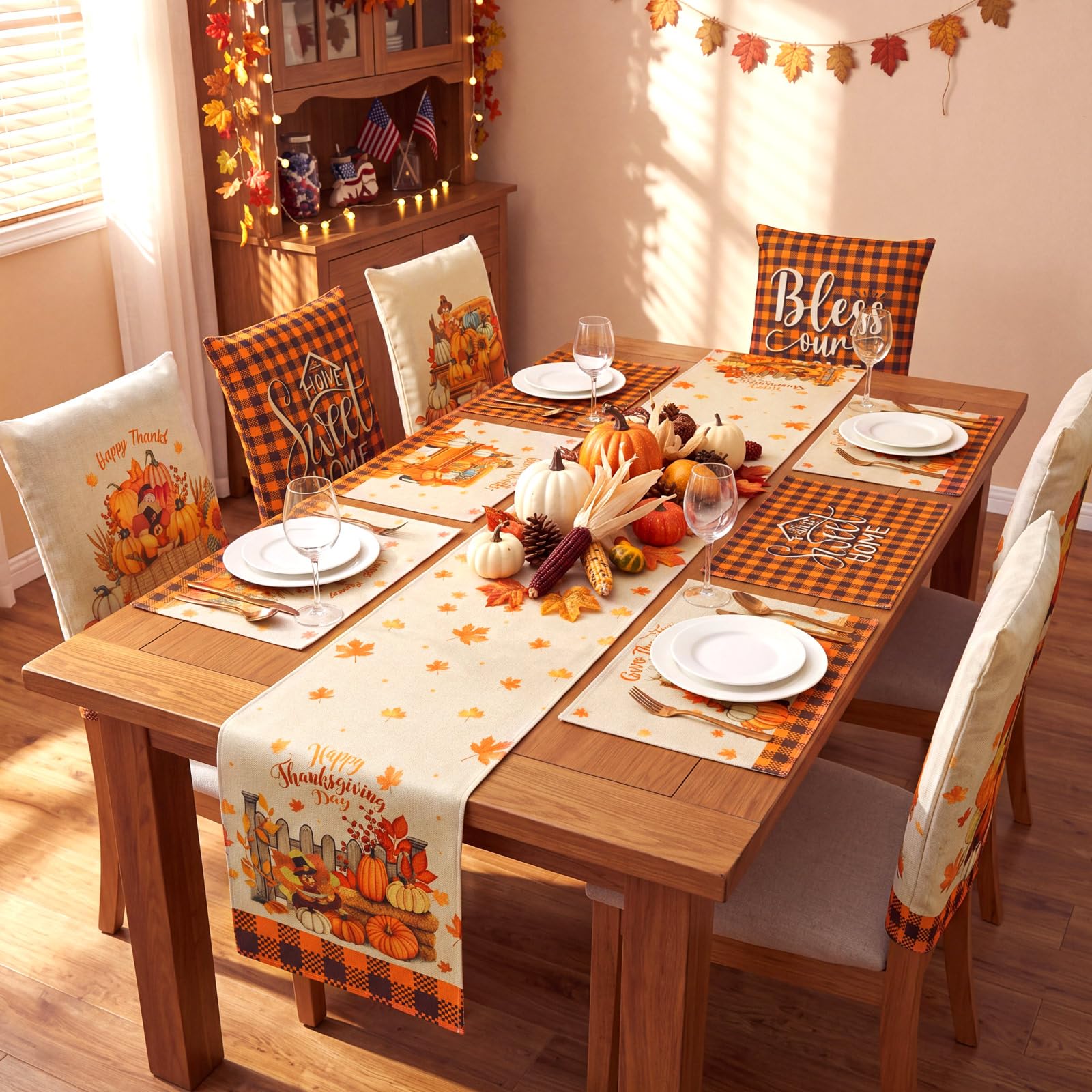 Newtay 13 Pcs Thanksgiving Table Runner Placemat and Dining Chair Cover Set thumbnail