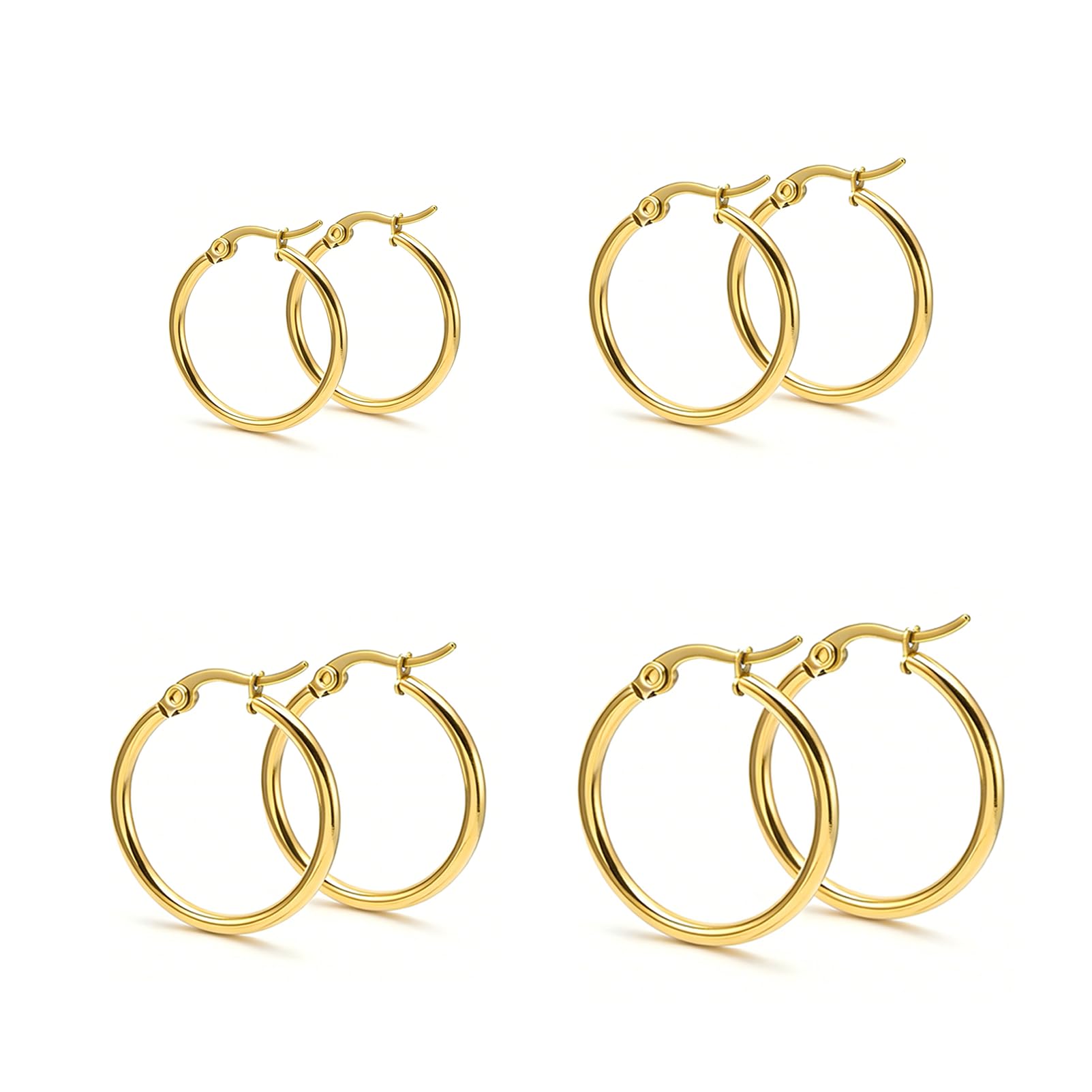 4 Pairs Gold Silver Hoop Earrings Set, 14K Gold Plated 316L Stainless Steel Huggie Hoops, 10/12/14/16mm Lightweight Hypoallergenic Hoop Earrings for Women Multiple Piercings