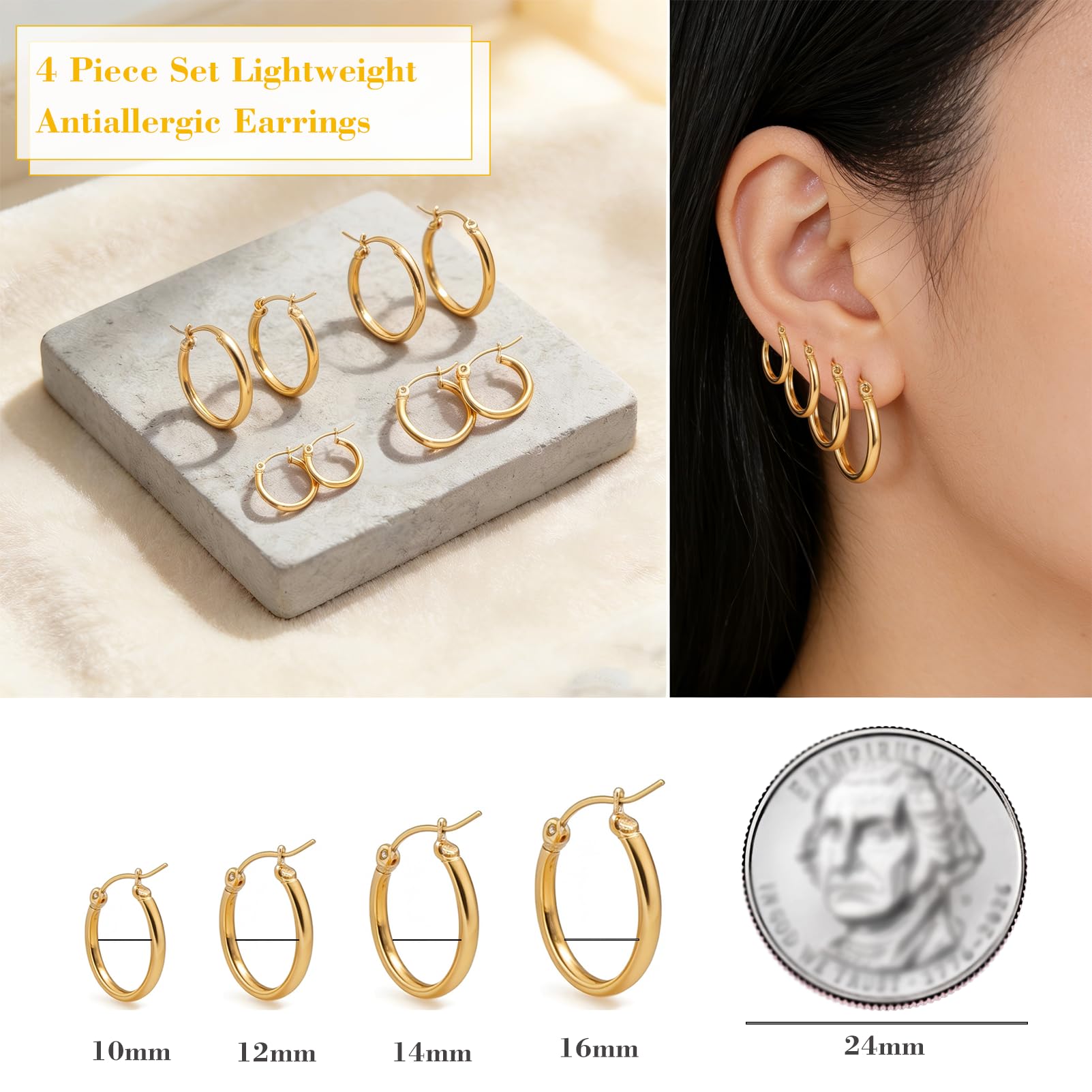 4 Pairs Gold Silver Hoop Earrings Set, 14K Gold Plated 316L Stainless Steel Huggie Hoops, 10/12/14/16mm Lightweight Hypoallergenic Hoop Earrings for Women Multiple Piercings thumbnail