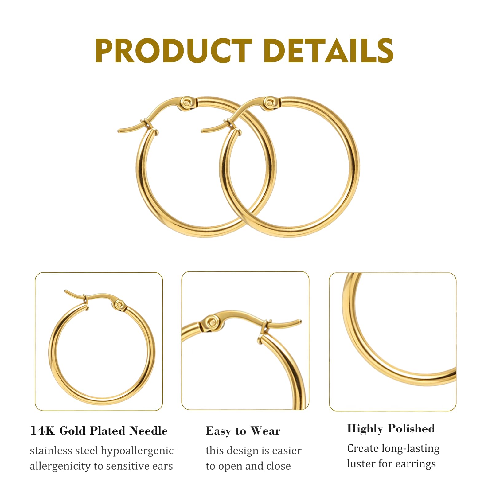 4 Pairs Gold Silver Hoop Earrings Set, 14K Gold Plated 316L Stainless Steel Huggie Hoops, 10/12/14/16mm Lightweight Hypoallergenic Hoop Earrings for Women Multiple Piercings thumbnail
