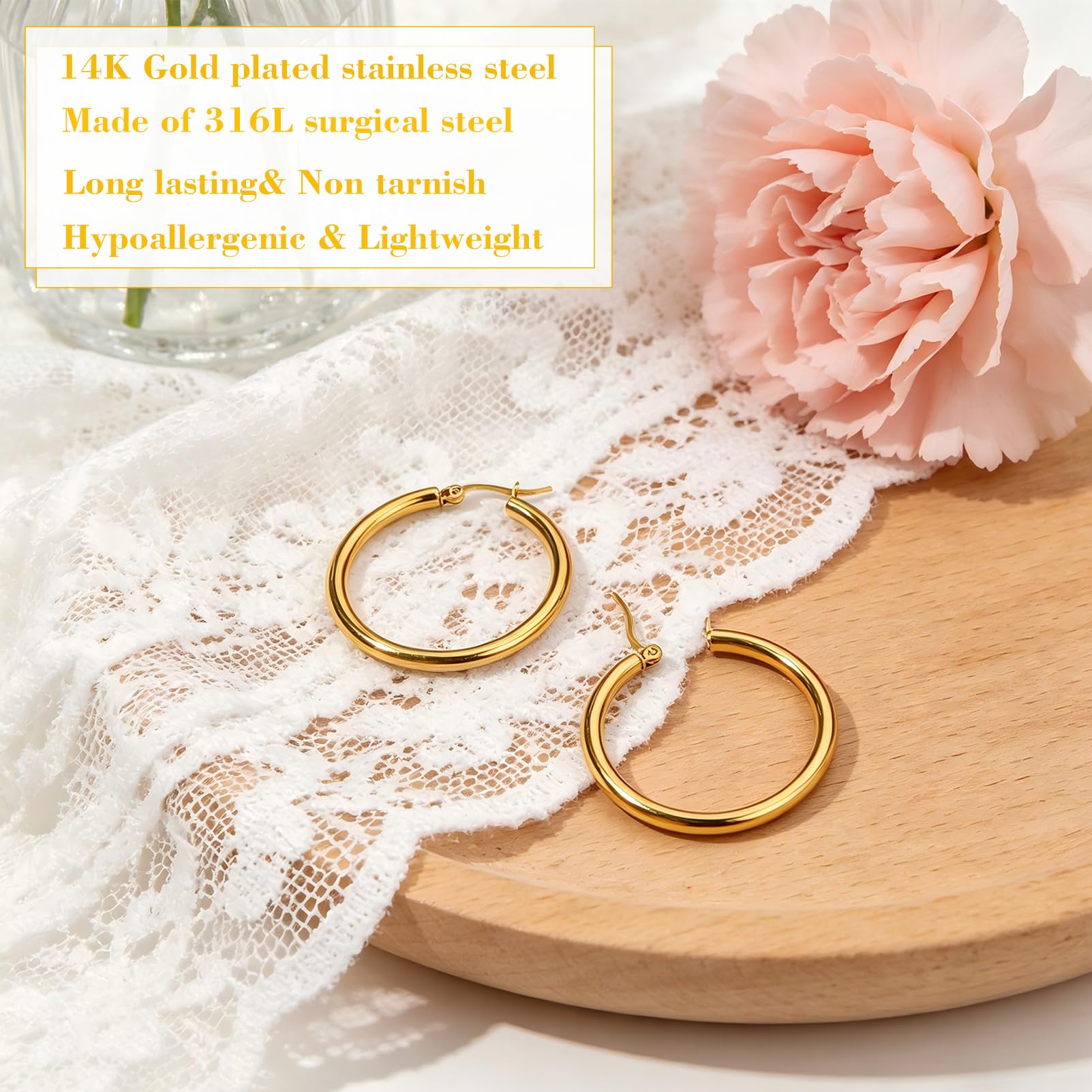 4 Pairs Gold Silver Hoop Earrings Set, 14K Gold Plated 316L Stainless Steel Huggie Hoops, 10/12/14/16mm Lightweight Hypoallergenic Hoop Earrings for Women Multiple Piercings thumbnail