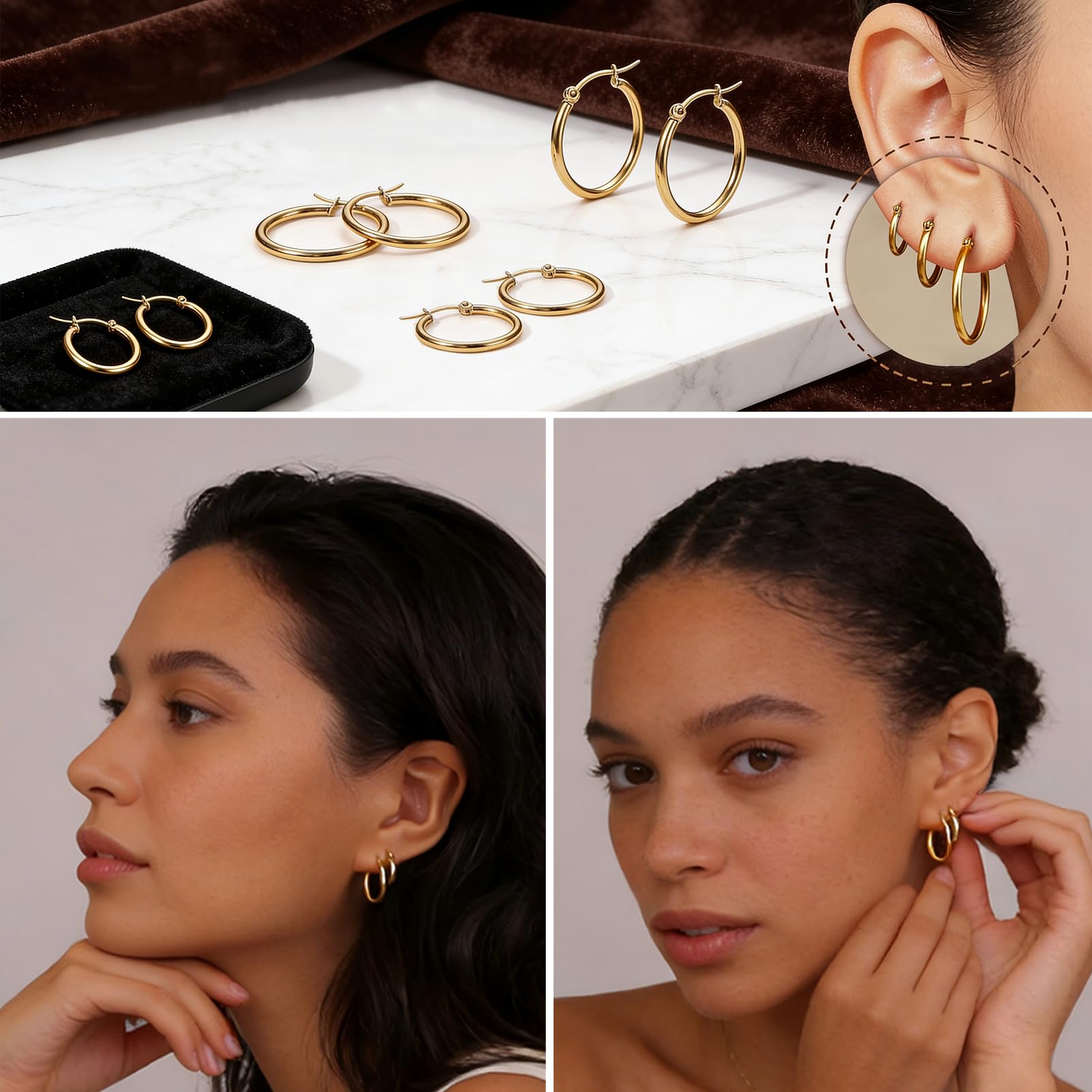 4 Pairs Gold Silver Hoop Earrings Set, 14K Gold Plated 316L Stainless Steel Huggie Hoops, 10/12/14/16mm Lightweight Hypoallergenic Hoop Earrings for Women Multiple Piercings thumbnail