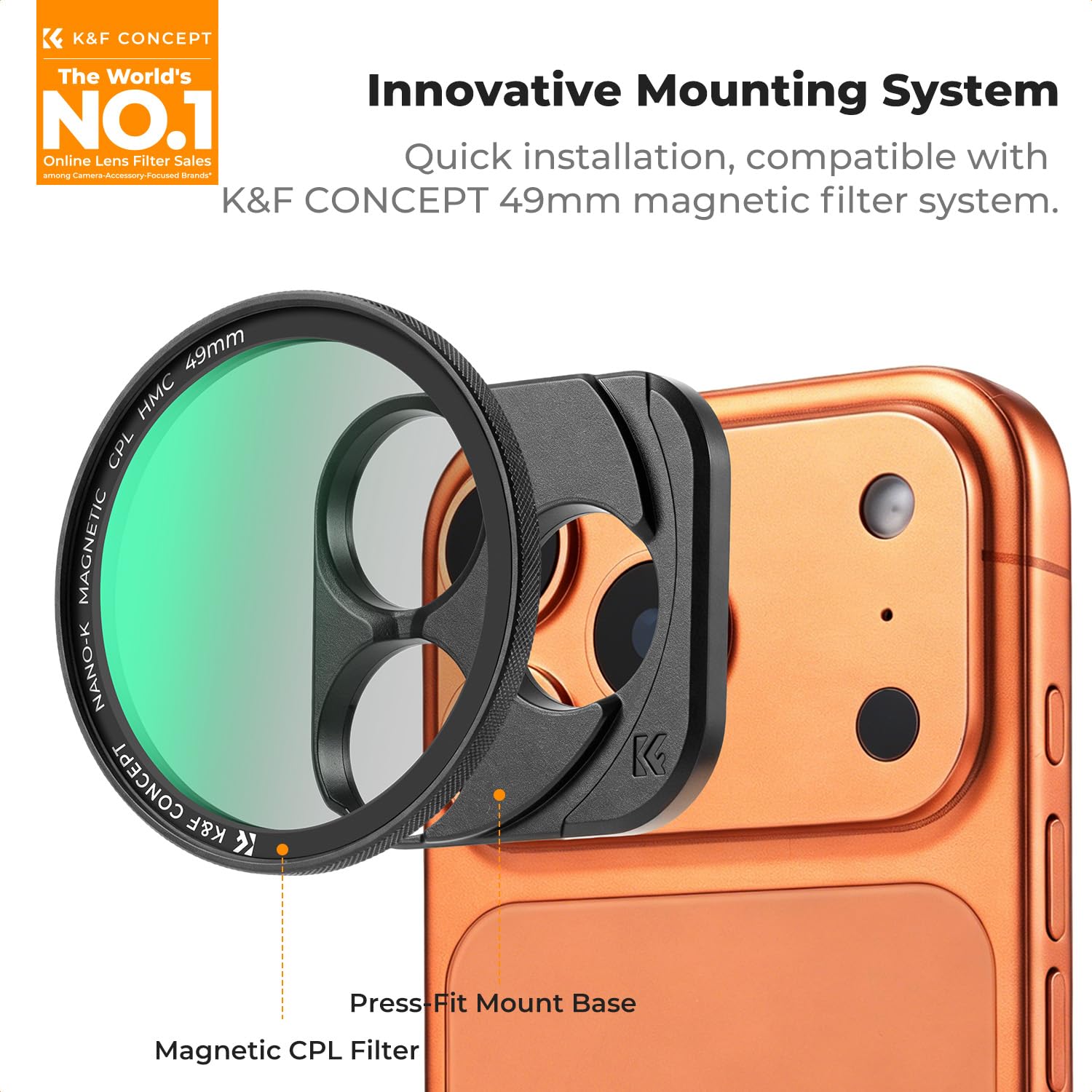 K&F CONCEPT Magnetic CPL Filter Set Compatible with iPhone 17 Pro & Pro Max, 49mm Phone Lens Filter Kit with Direct-Fit Camera Base, Case Compatible Circular Polariser for iPhone thumbnail