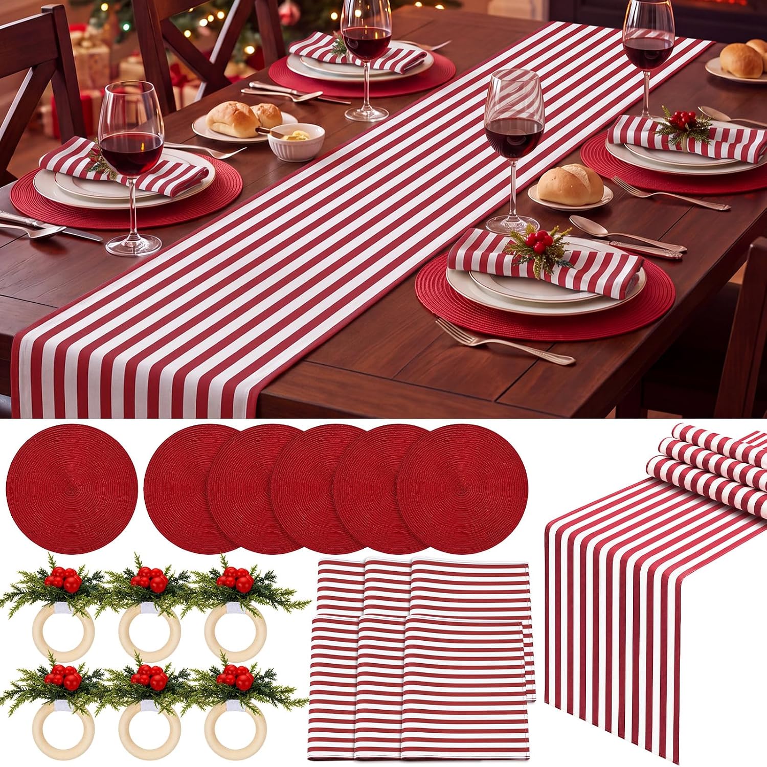 Fanfanwin 19 Pcs Christmas Table Runner Placemat Set, Red and White Stripes