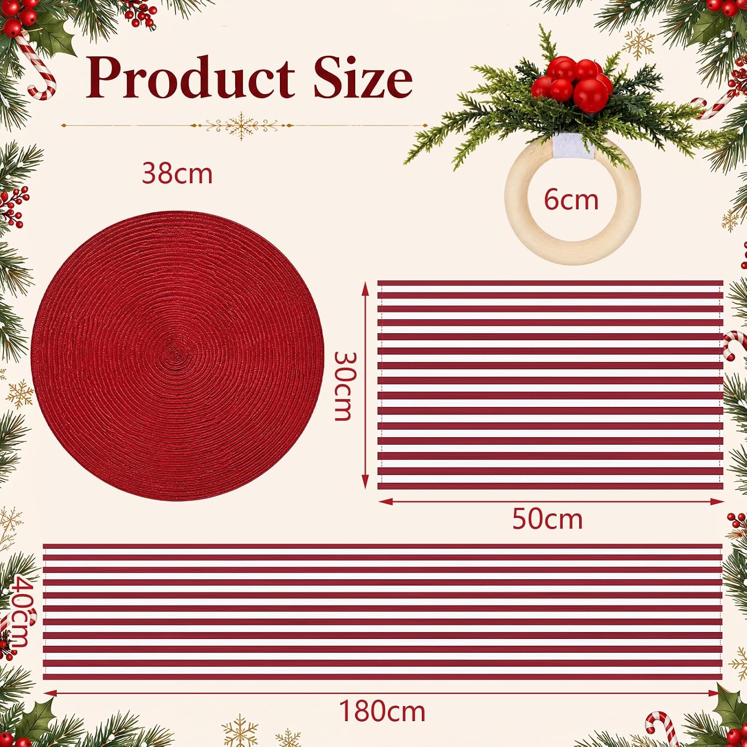 Fanfanwin 19 Pcs Christmas Table Runner Placemat Set, Red and White Stripes thumbnail