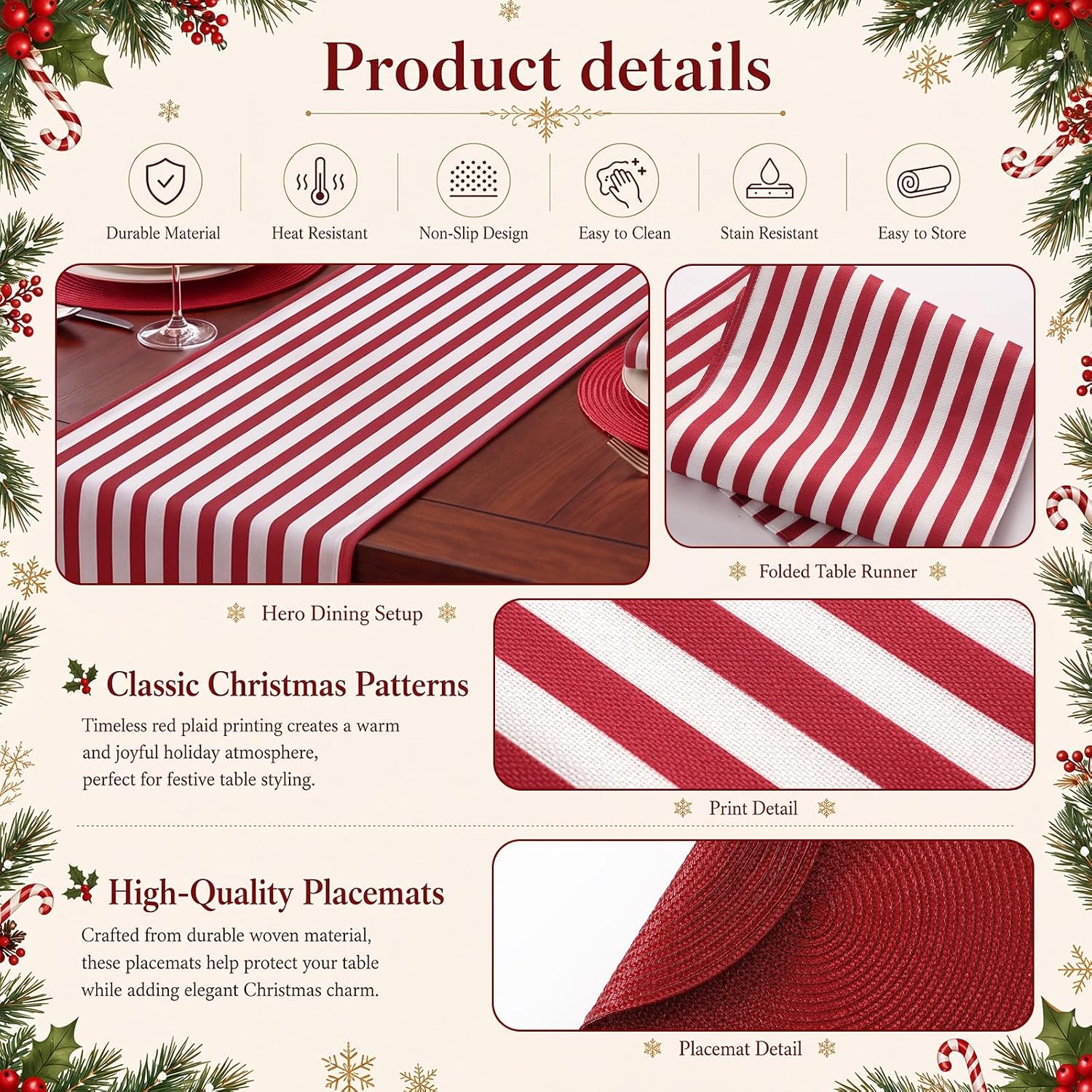 Fanfanwin 19 Pcs Christmas Table Runner Placemat Set, Red and White Stripes thumbnail