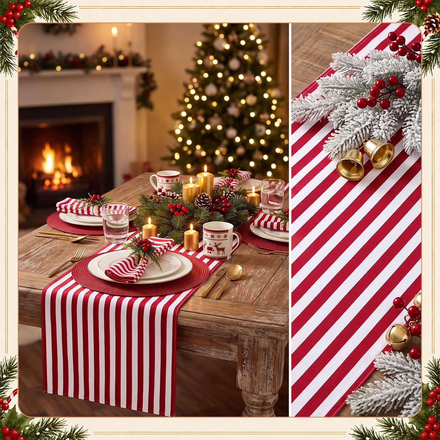 Fanfanwin 19 Pcs Christmas Table Runner Placemat Set, Red and White Stripes thumbnail