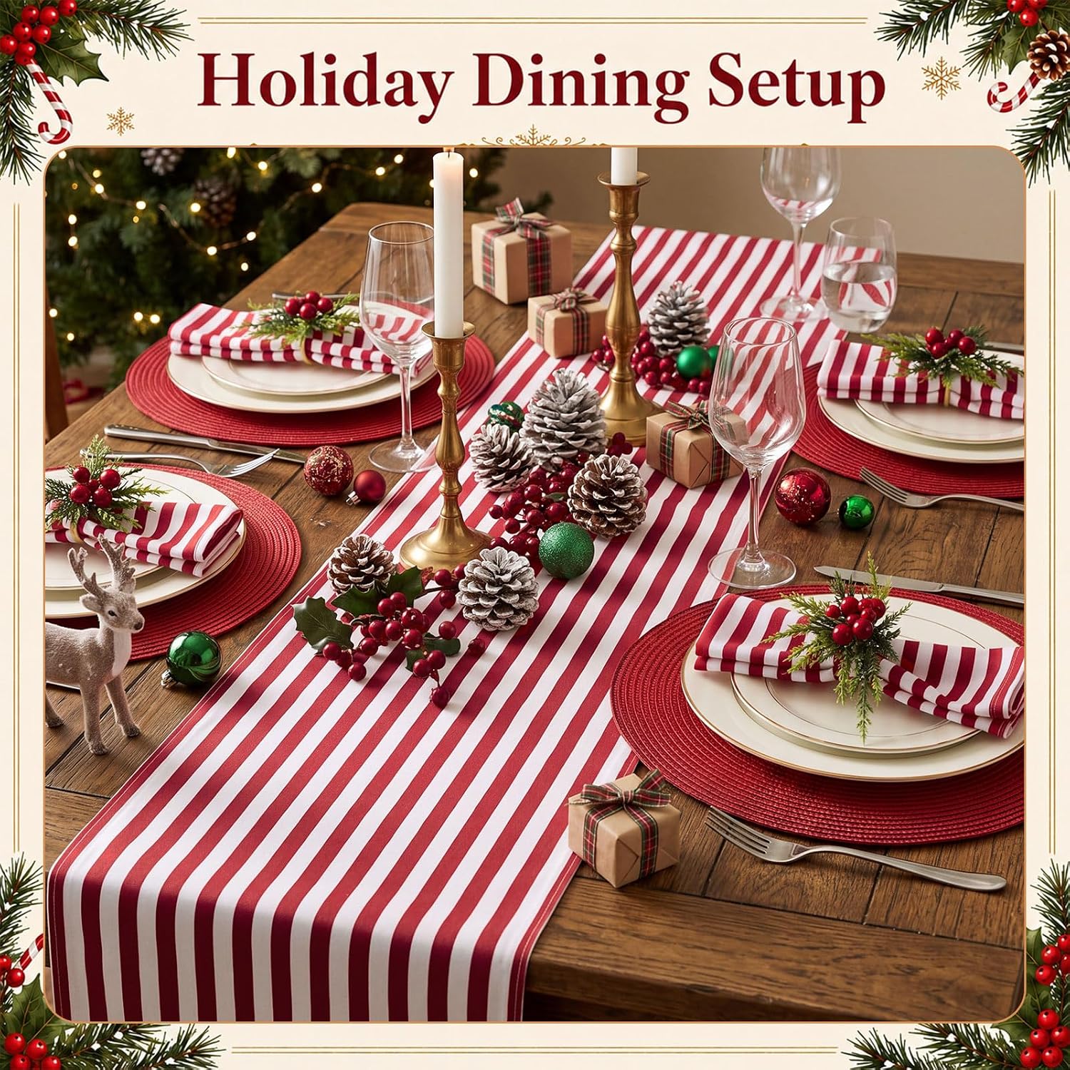 Fanfanwin 19 Pcs Christmas Table Runner Placemat Set, Red and White Stripes thumbnail