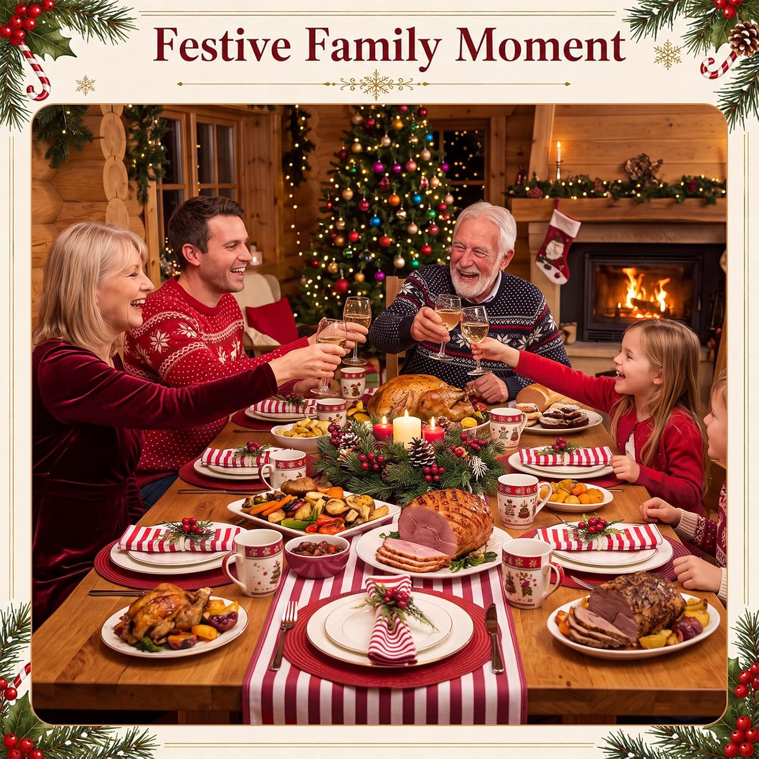 Fanfanwin 19 Pcs Christmas Table Runner Placemat Set, Red and White Stripes thumbnail