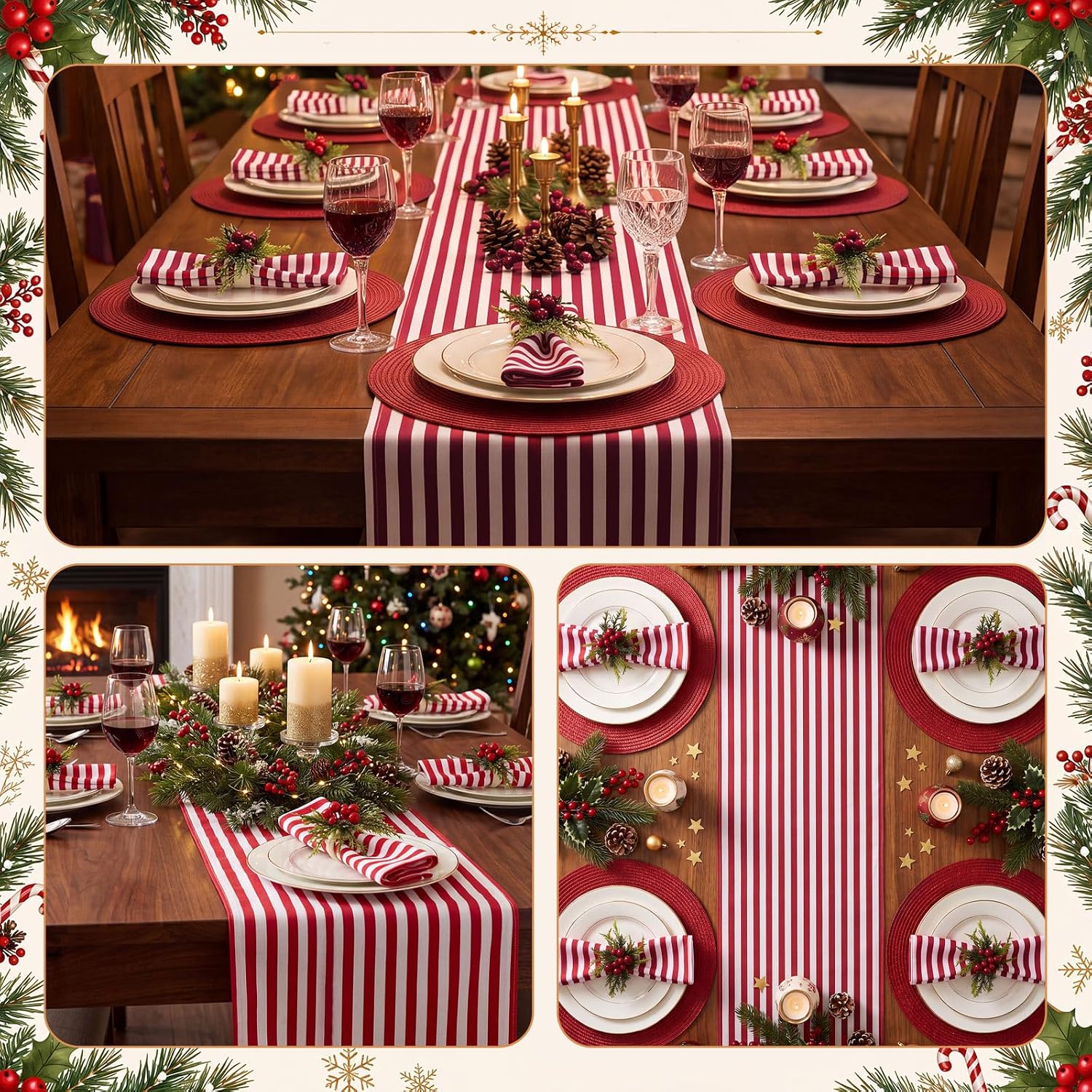 Fanfanwin 19 Pcs Christmas Table Runner Placemat Set, Red and White Stripes thumbnail