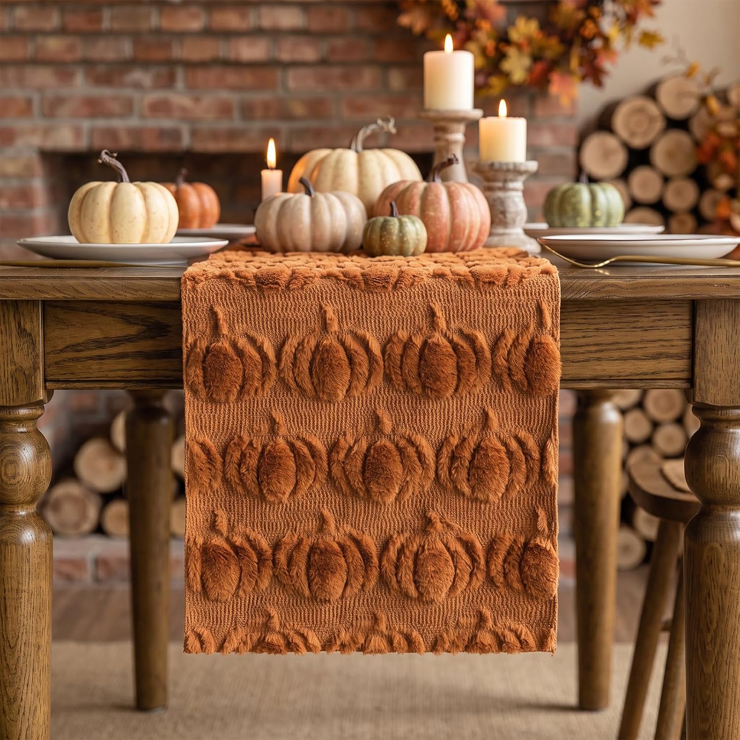 Caramel Soft Rust Faux Fur Pumpkins Long Fall Table Runner 3D Plush Pumpkin