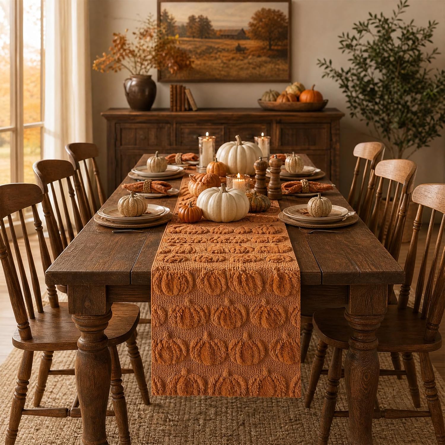 Caramel Soft Rust Faux Fur Pumpkins Long Fall Table Runner 3D Plush Pumpkin thumbnail
