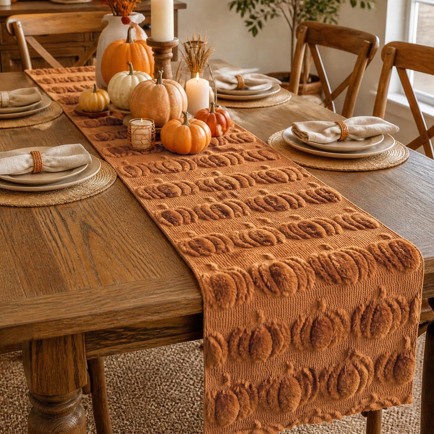 Caramel Soft Rust Faux Fur Pumpkins Long Fall Table Runner 3D Plush Pumpkin thumbnail