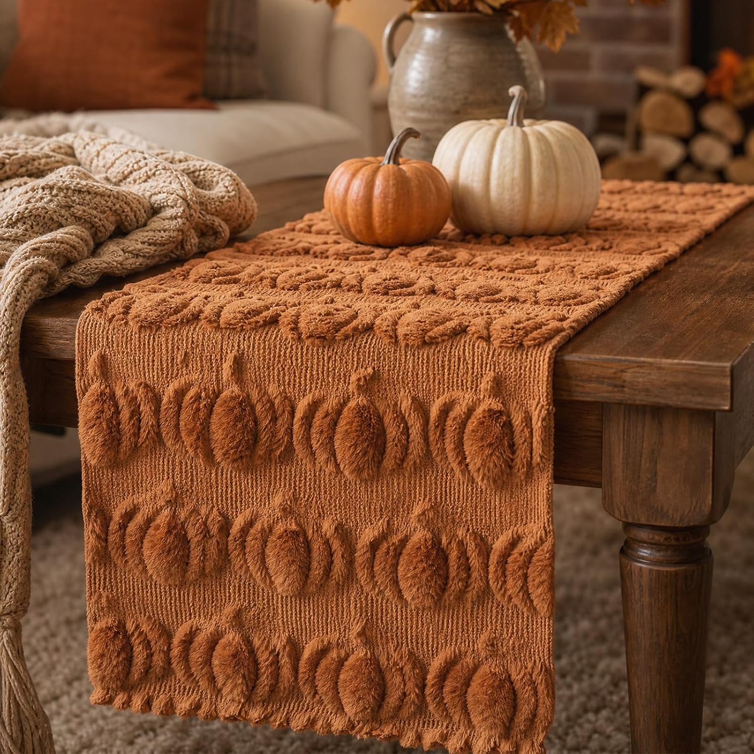 Caramel Soft Rust Faux Fur Pumpkins Long Fall Table Runner 3D Plush Pumpkin thumbnail