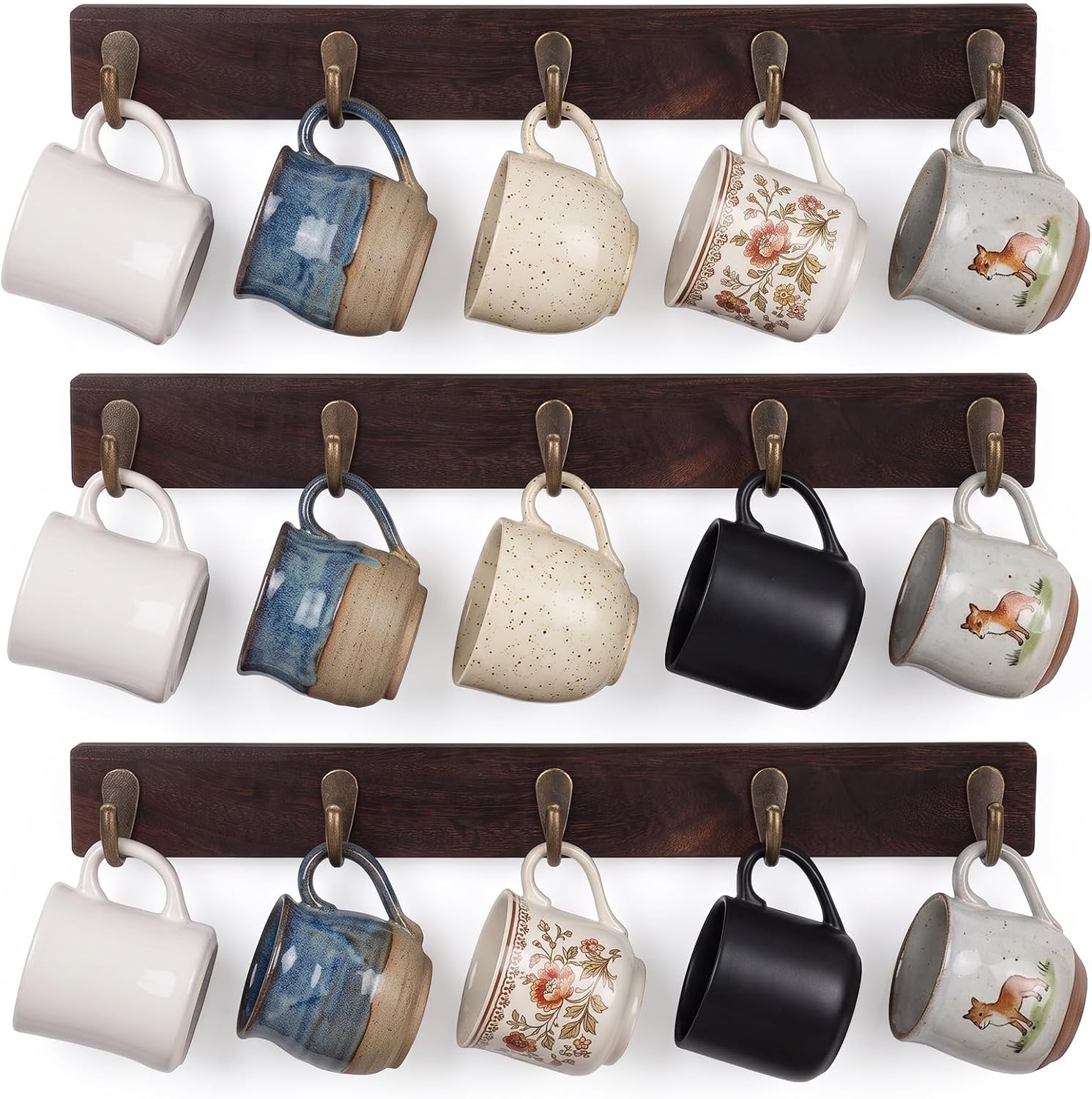 3 Pack Mug Holder Wall Mounted, Rustic Coffee Mug Rack with 15 Hooks