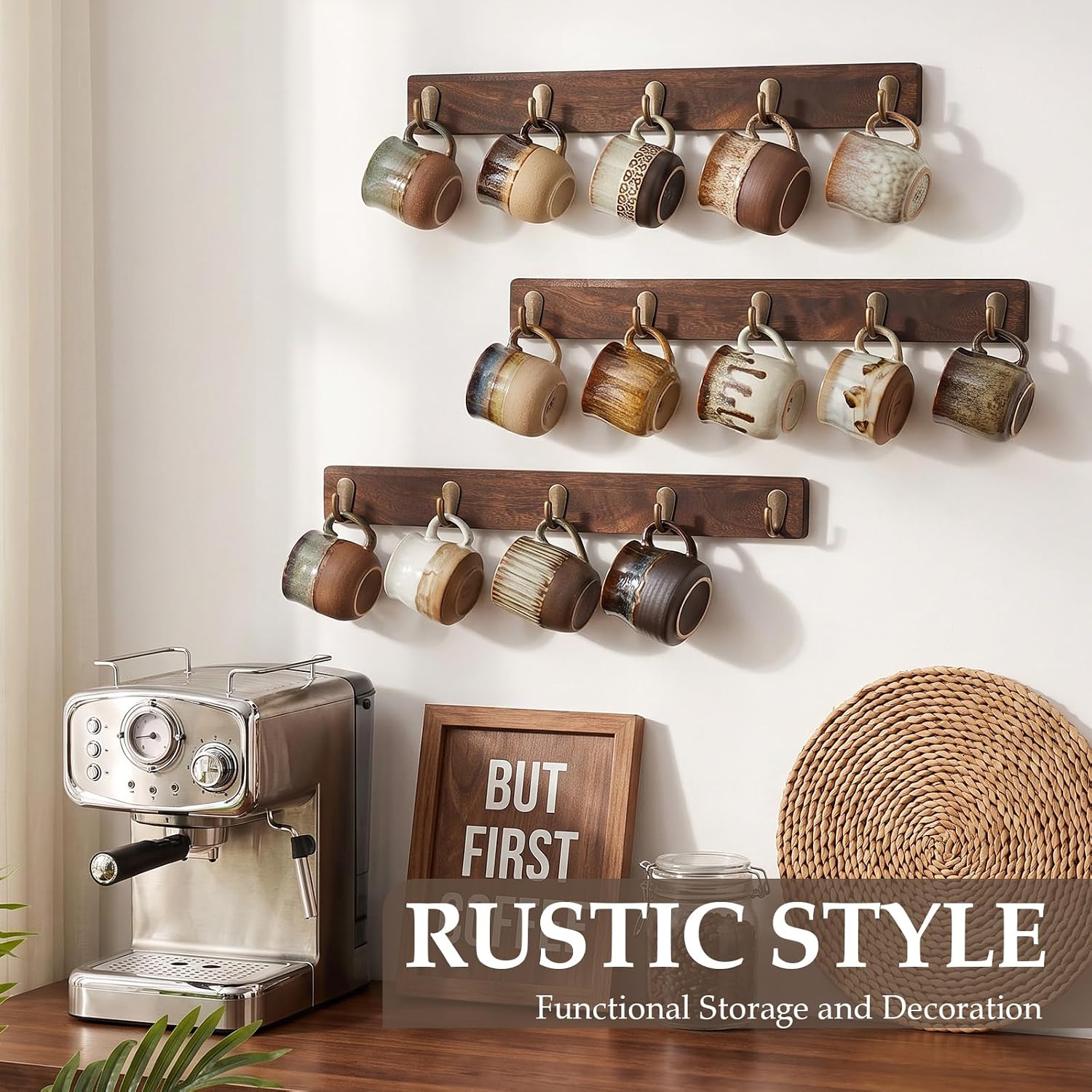 3 Pack Mug Holder Wall Mounted, Rustic Coffee Mug Rack with 15 Hooks thumbnail