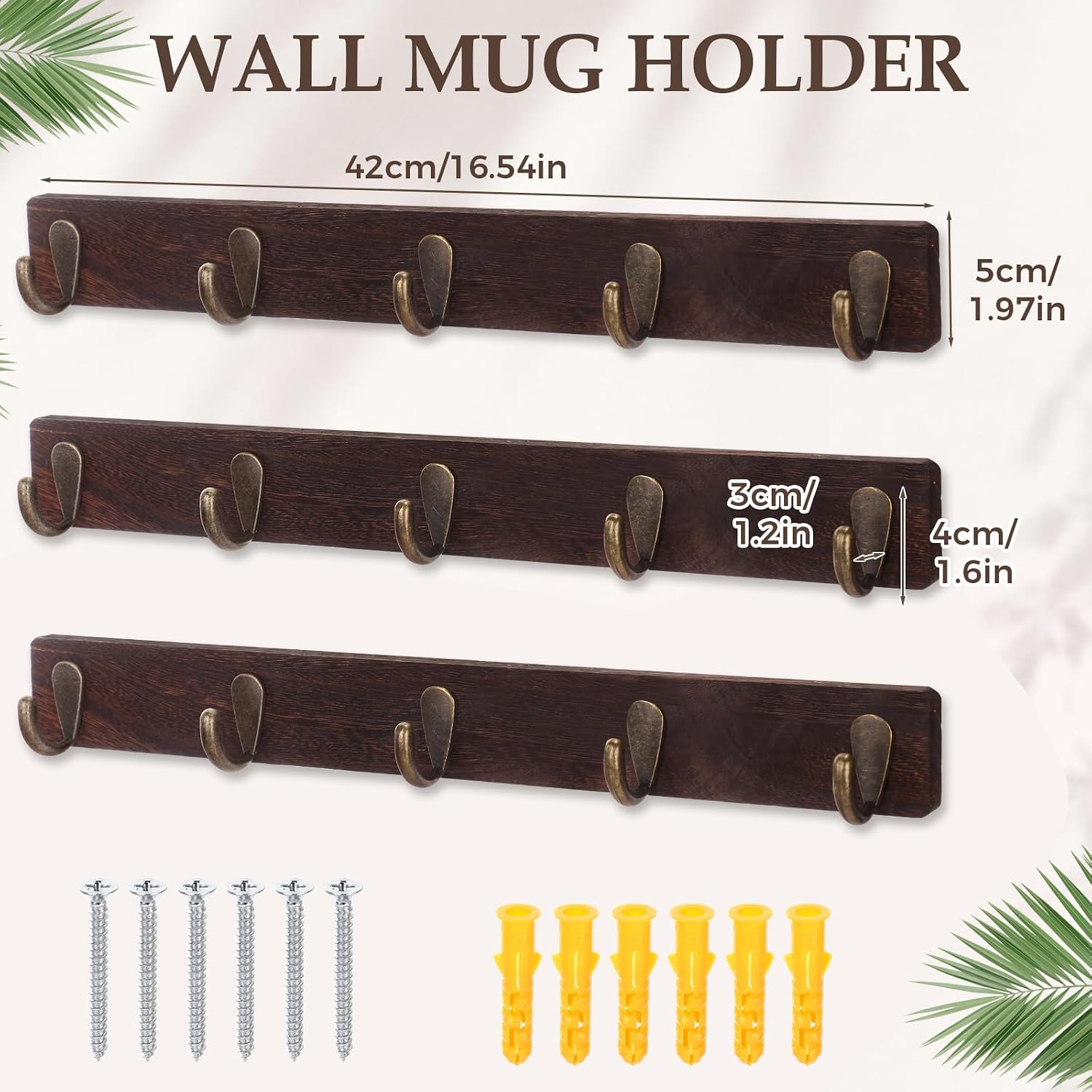 3 Pack Mug Holder Wall Mounted, Rustic Coffee Mug Rack with 15 Hooks thumbnail
