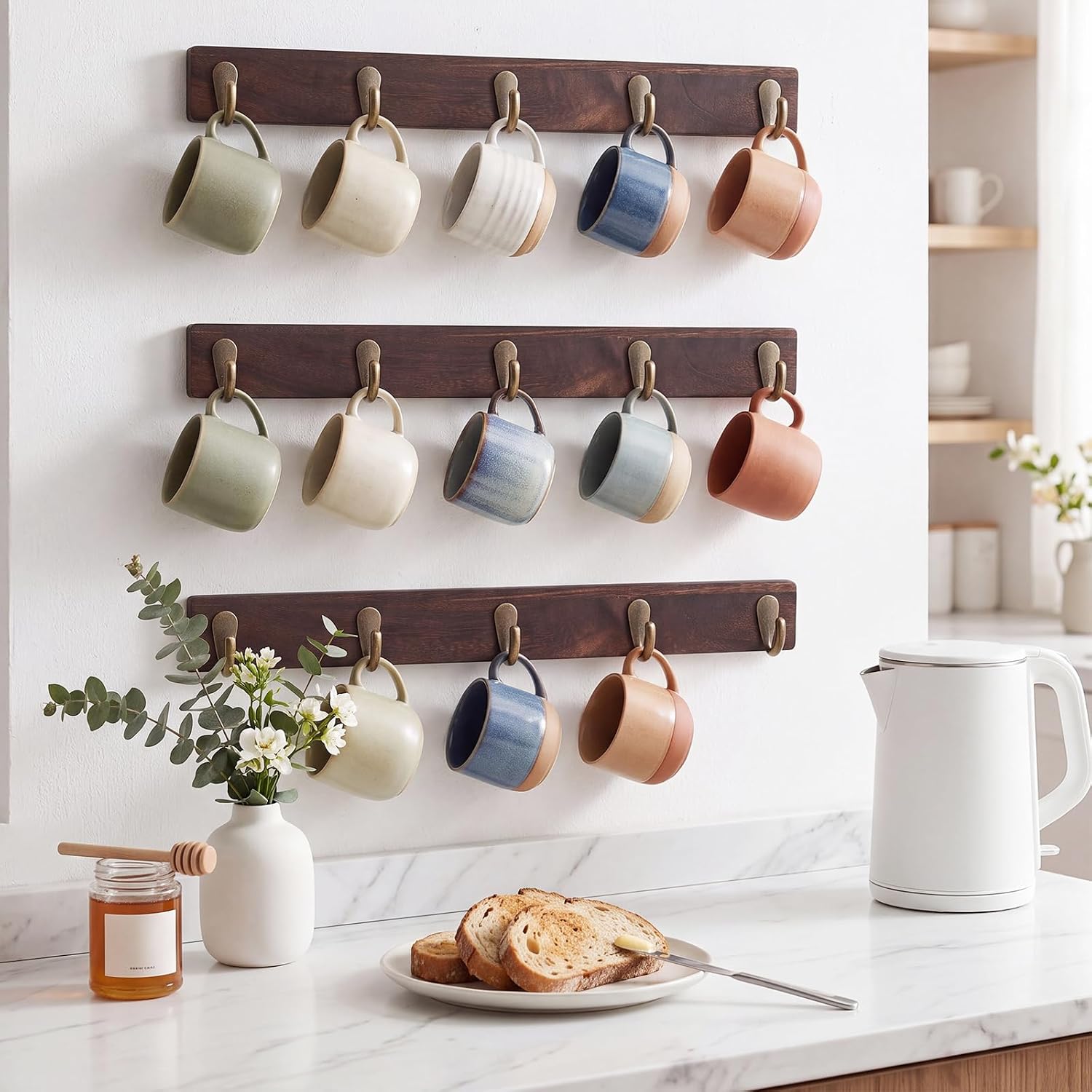 3 Pack Mug Holder Wall Mounted, Rustic Coffee Mug Rack with 15 Hooks thumbnail