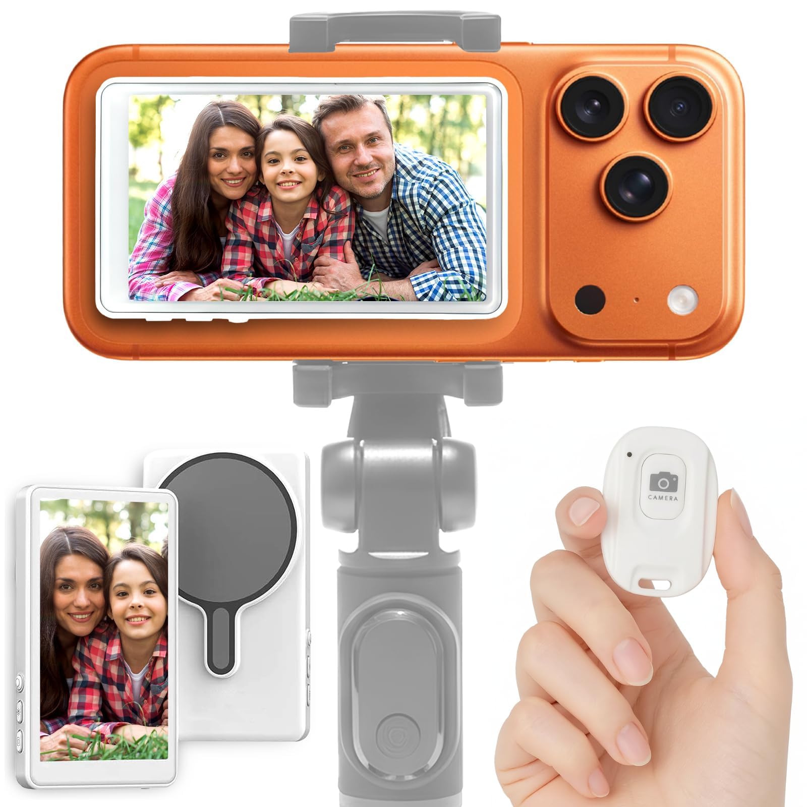Magnetic Selfie Monitor Screen for iPhone Back Camera, Bluetooth Remote | 4.02 inch HD display mirrors your phone in real time, snap-on magnetic mount, USB-C rechargeable, for vlogging, filming