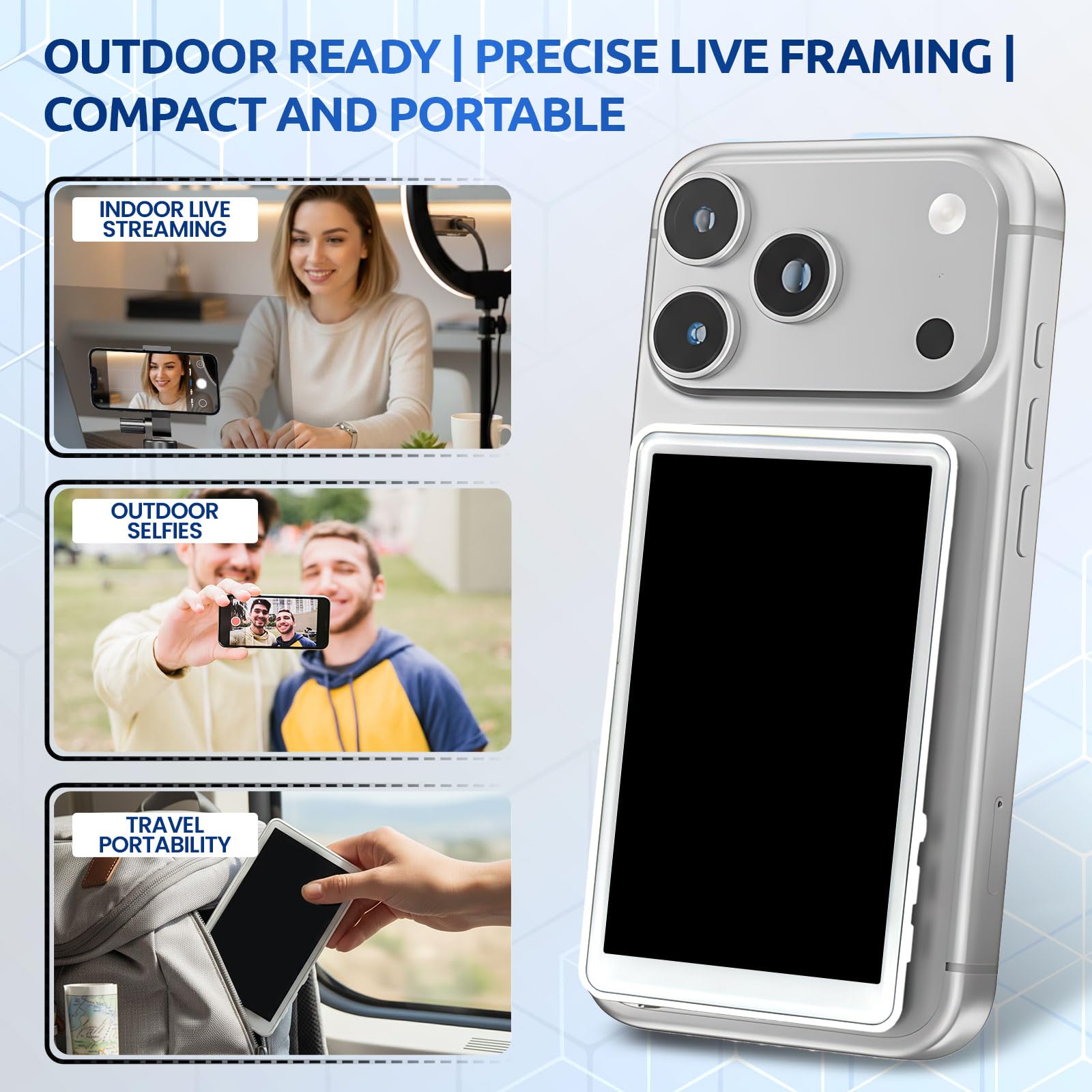 Magnetic Selfie Monitor Screen for iPhone Back Camera, Bluetooth Remote | 4.02 inch HD display mirrors your phone in real time, snap-on magnetic mount, USB-C rechargeable, for vlogging, filming thumbnail