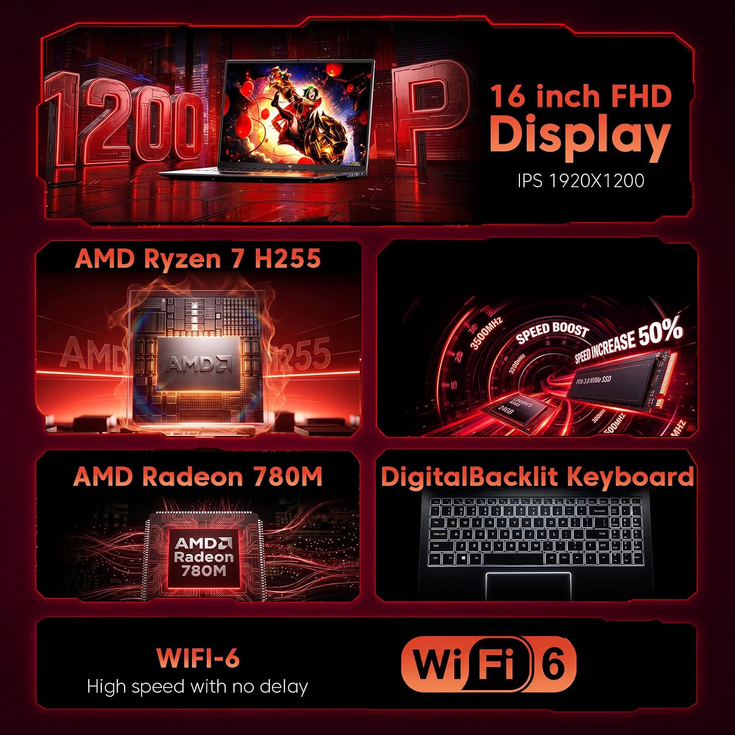 Gaming Laptop with AMD Ryzen 7 H255 (up to 4.9GHz),24GB DDR5 512GB NVMe SSD thumbnail