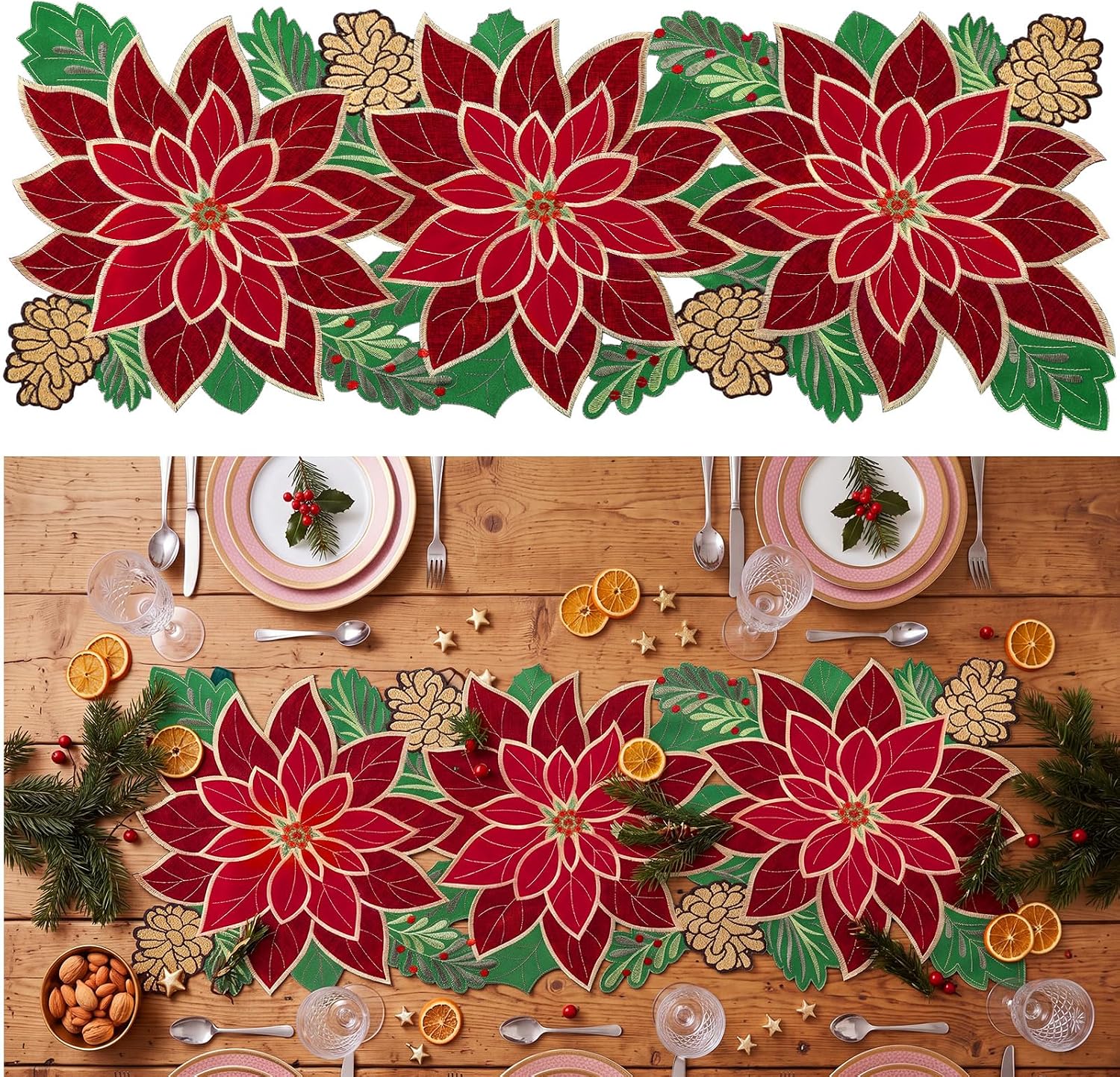 HunnmingRe Christmas Poinsettia Table Runner 13x36 Embroidered Fall