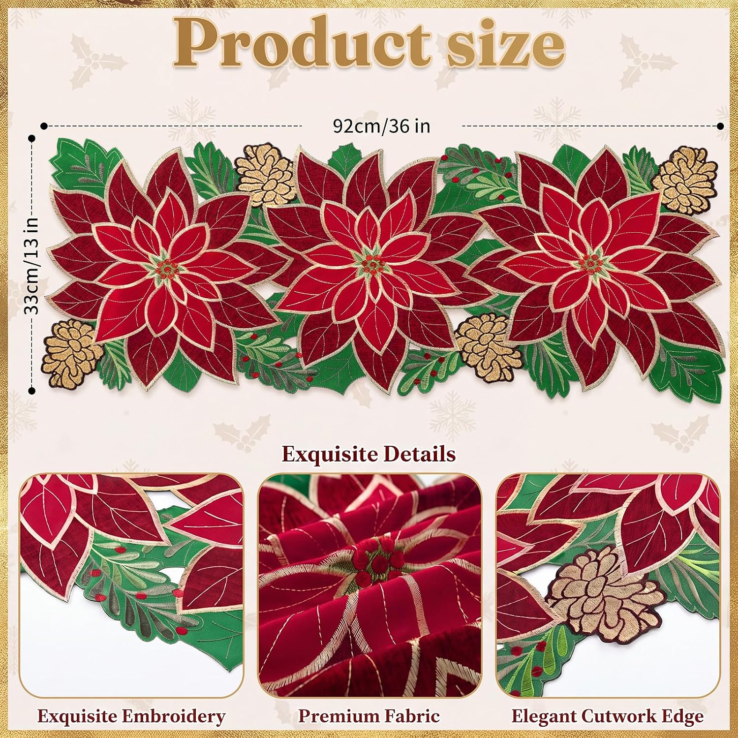 HunnmingRe Christmas Poinsettia Table Runner 13x36 Embroidered Fall thumbnail