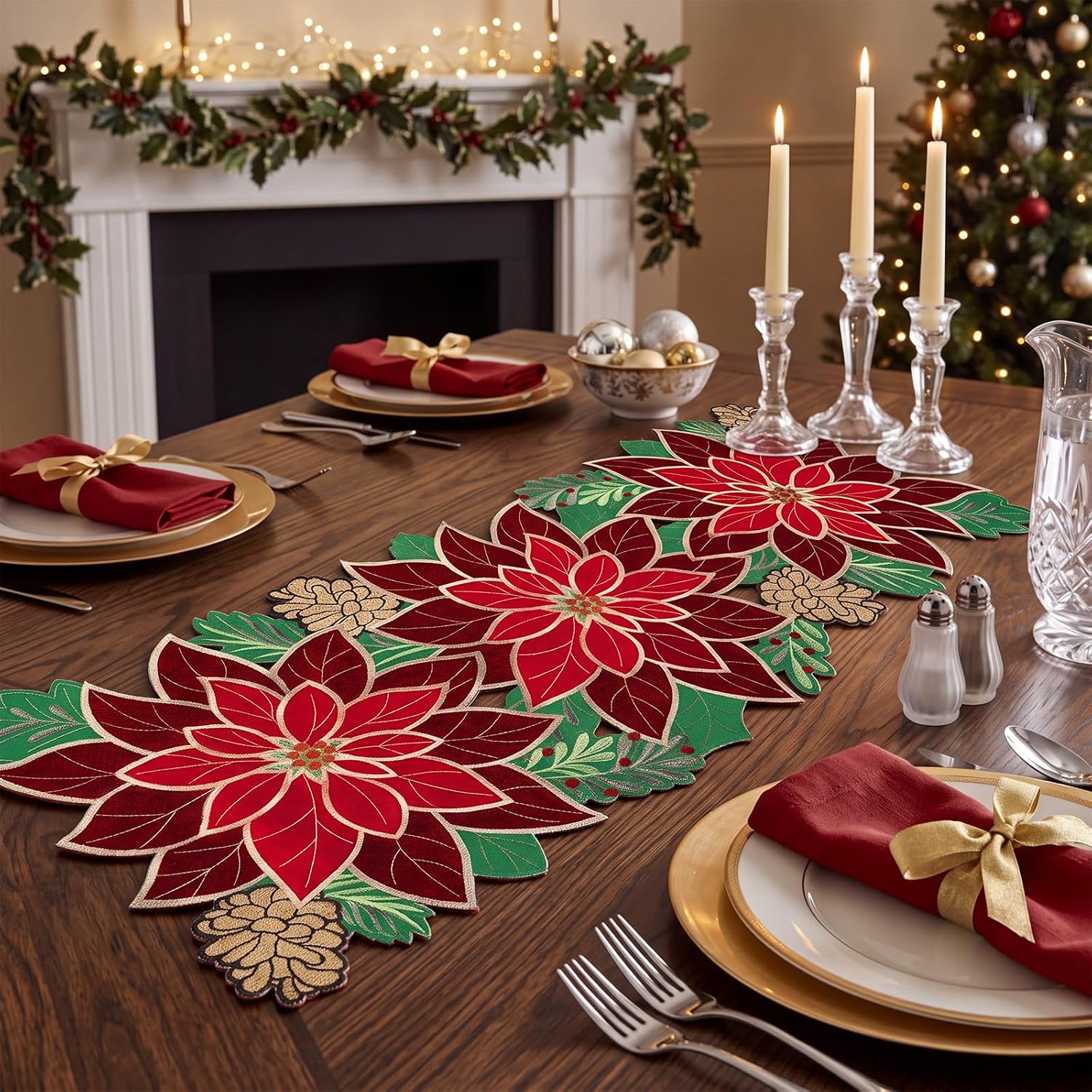 HunnmingRe Christmas Poinsettia Table Runner 13x36 Embroidered Fall thumbnail