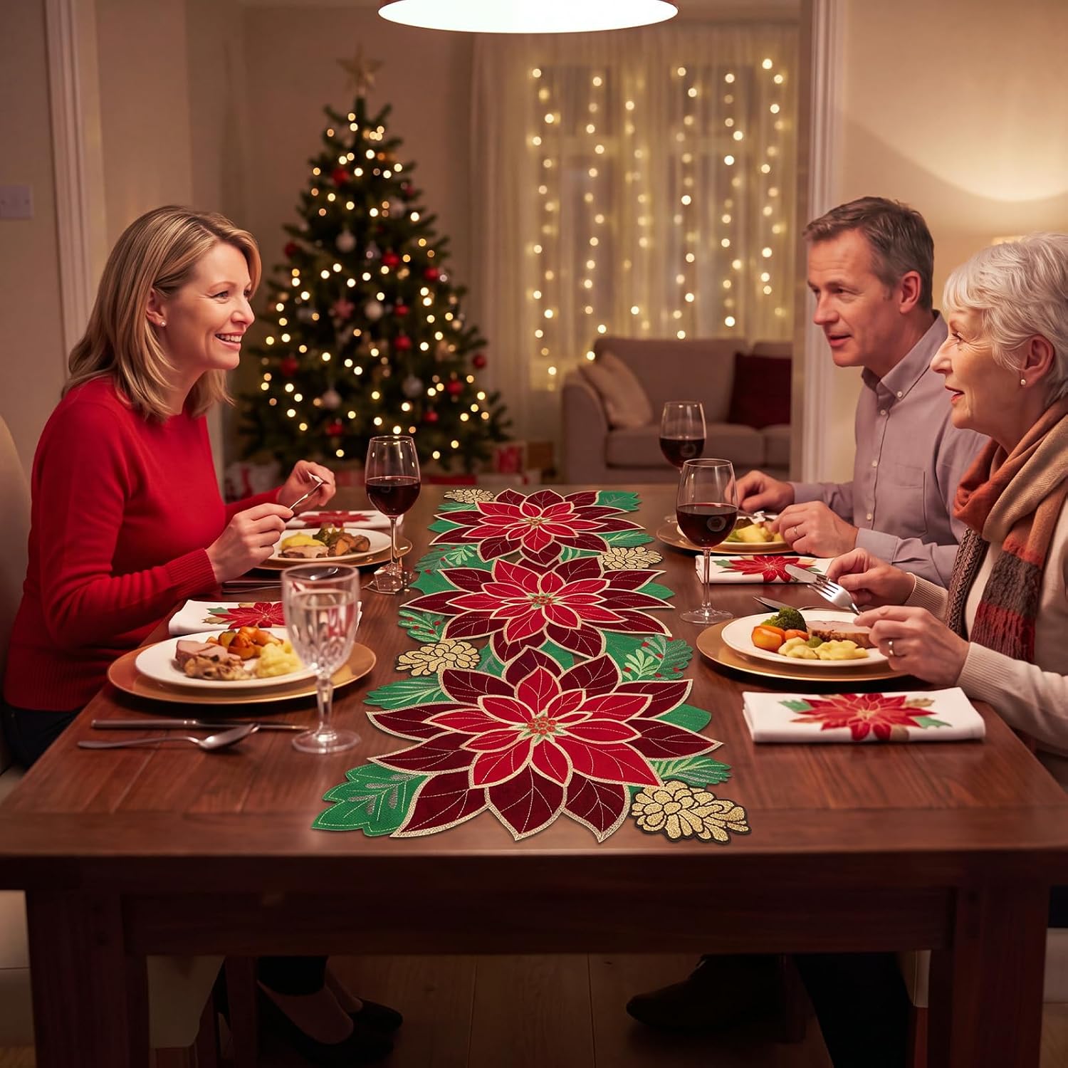 HunnmingRe Christmas Poinsettia Table Runner 13x36 Embroidered Fall thumbnail