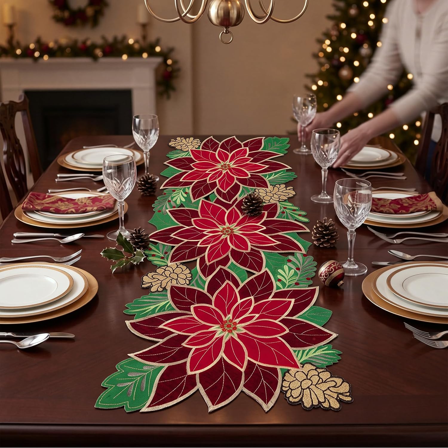 HunnmingRe Christmas Poinsettia Table Runner 13x36 Embroidered Fall thumbnail