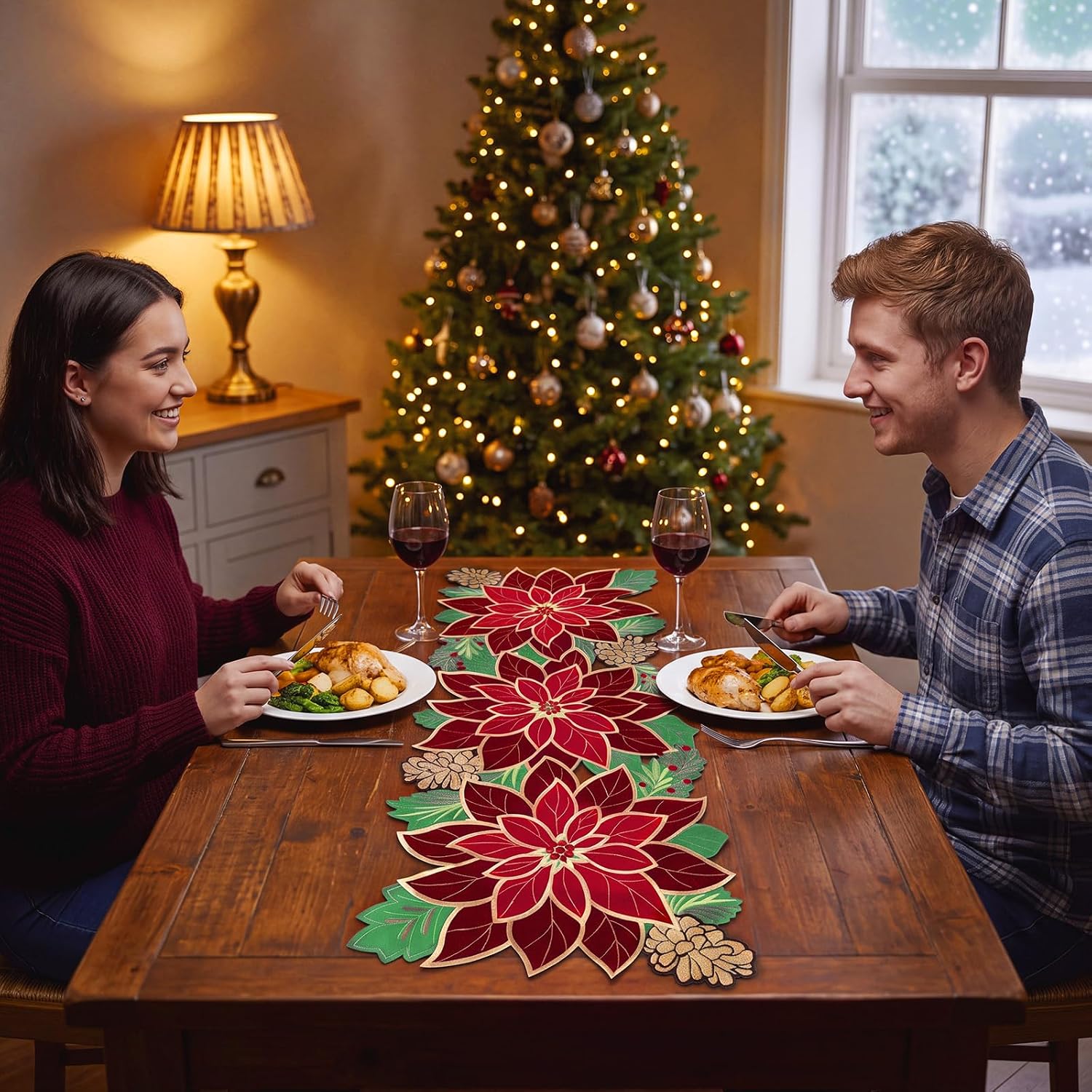HunnmingRe Christmas Poinsettia Table Runner 13x36 Embroidered Fall thumbnail