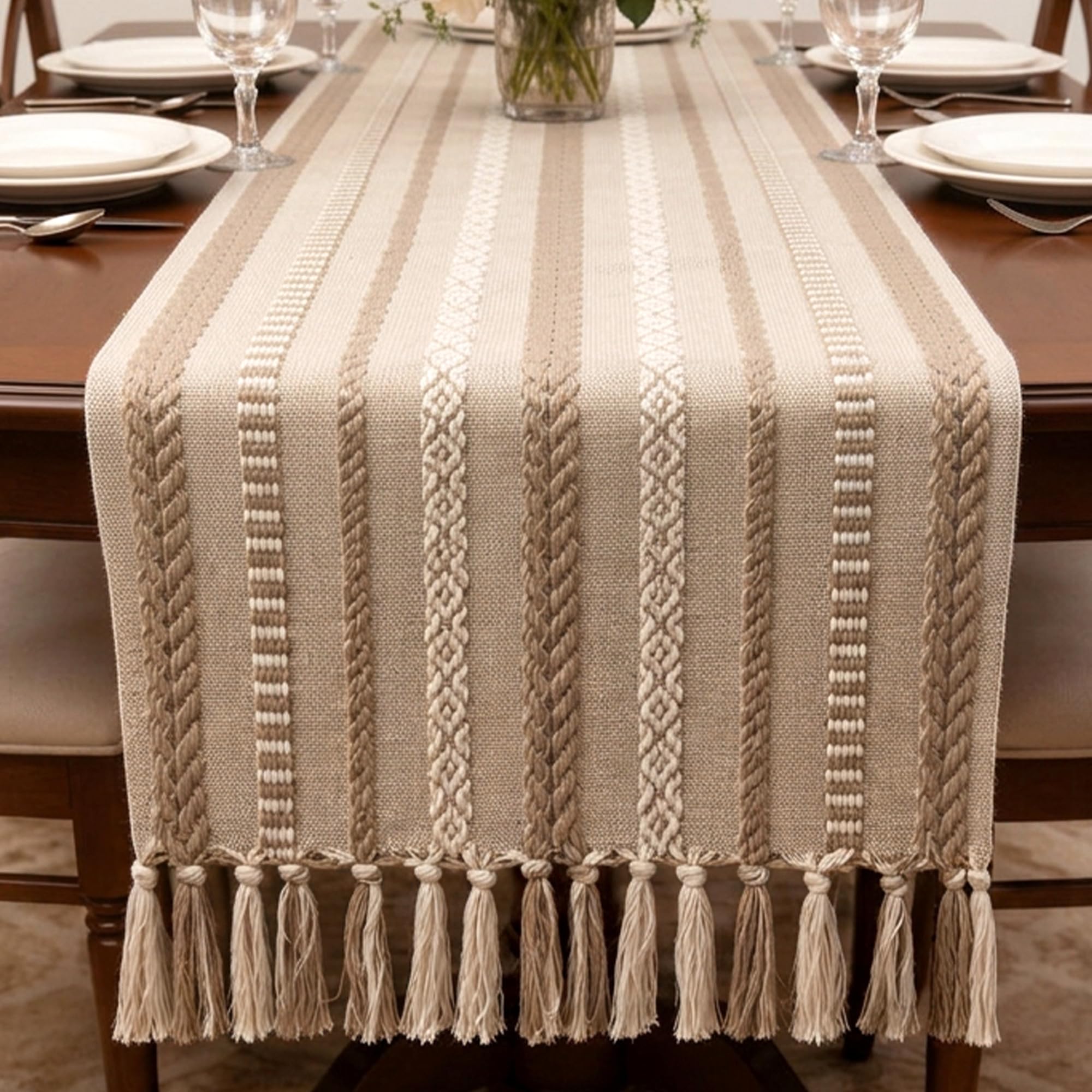 Encasa XO Boho Cotton Table Runner, Woven Jacquard 13"x94" Beige