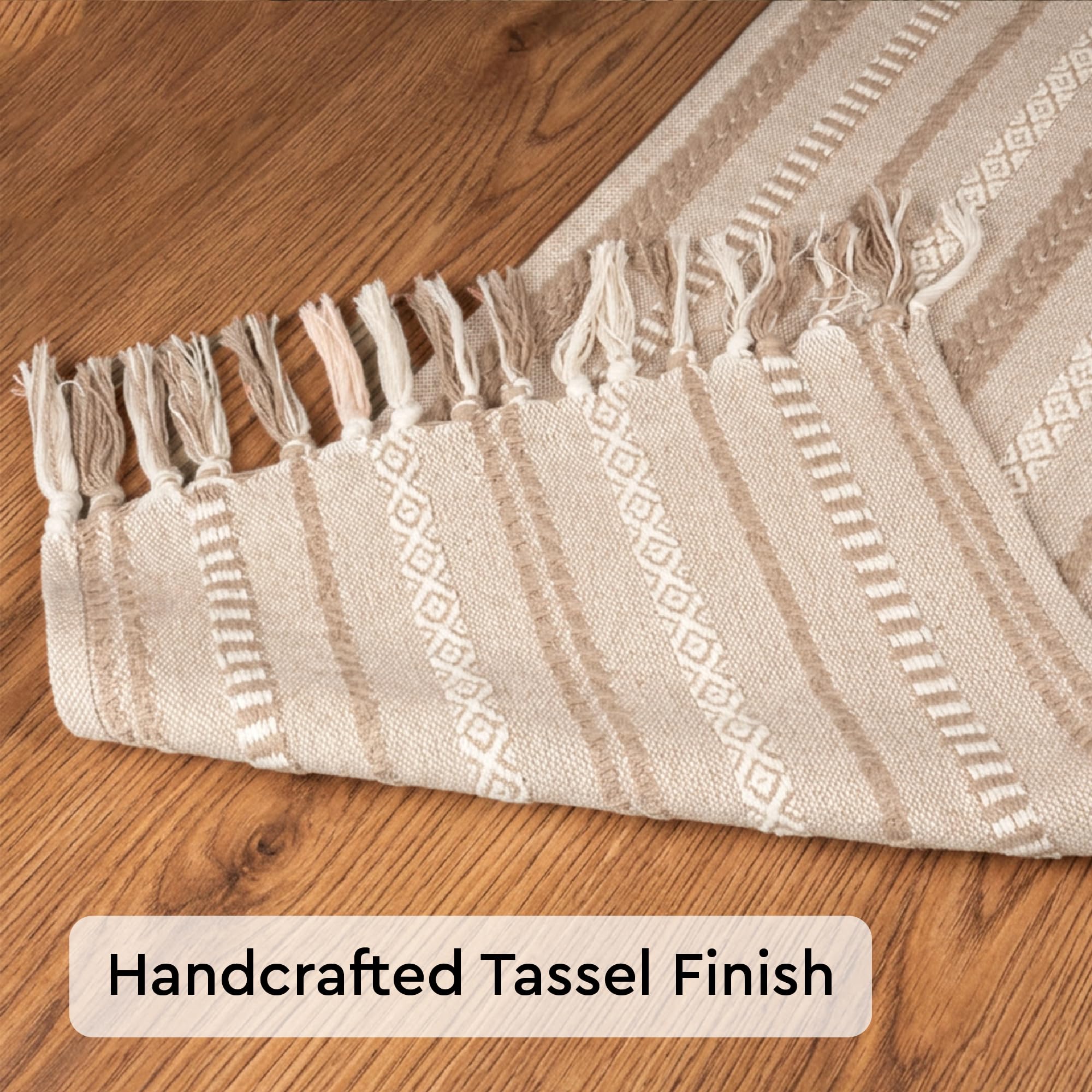 Encasa XO Boho Cotton Table Runner, Woven Jacquard 13"x94" Beige thumbnail
