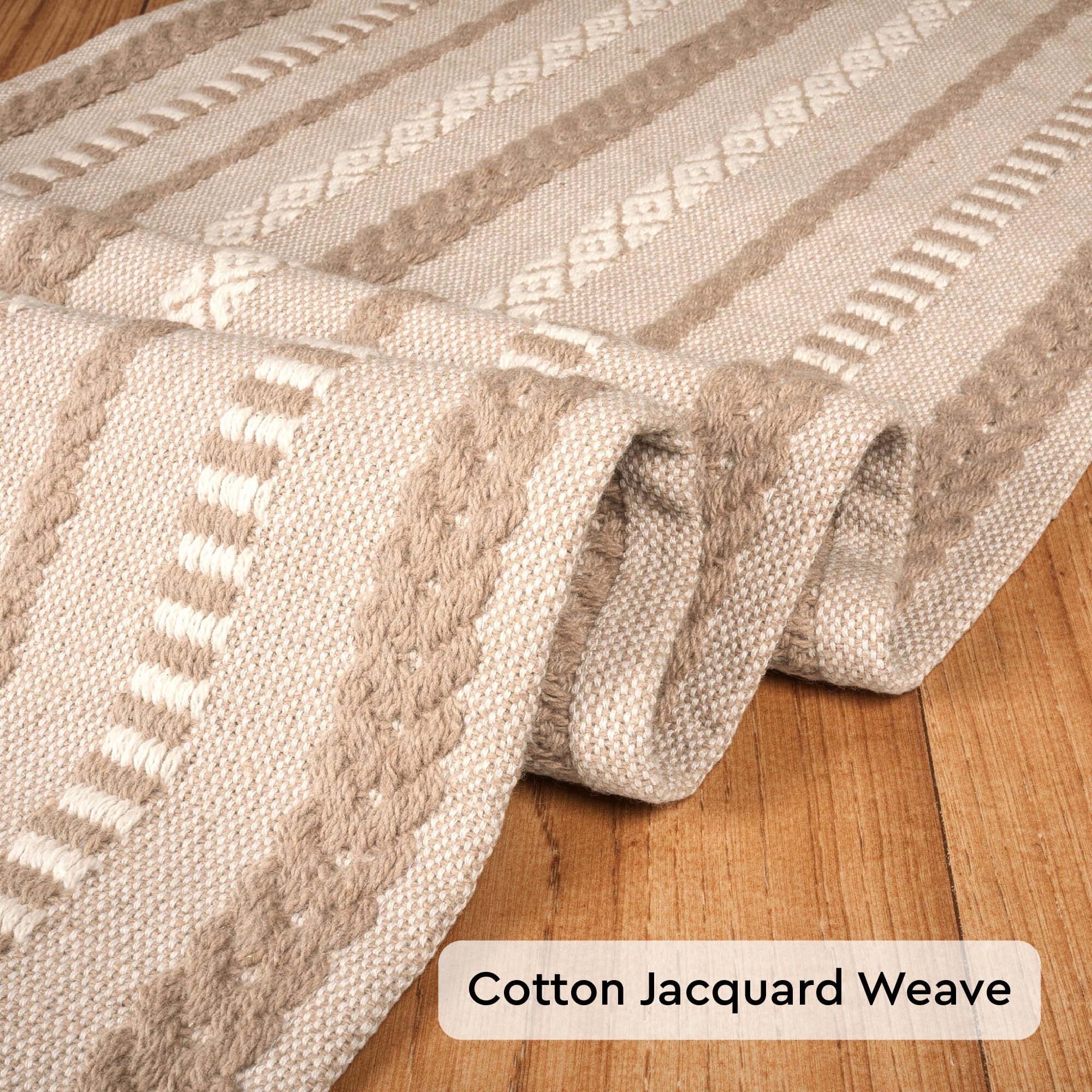 Encasa XO Boho Cotton Table Runner, Woven Jacquard 13"x94" Beige thumbnail