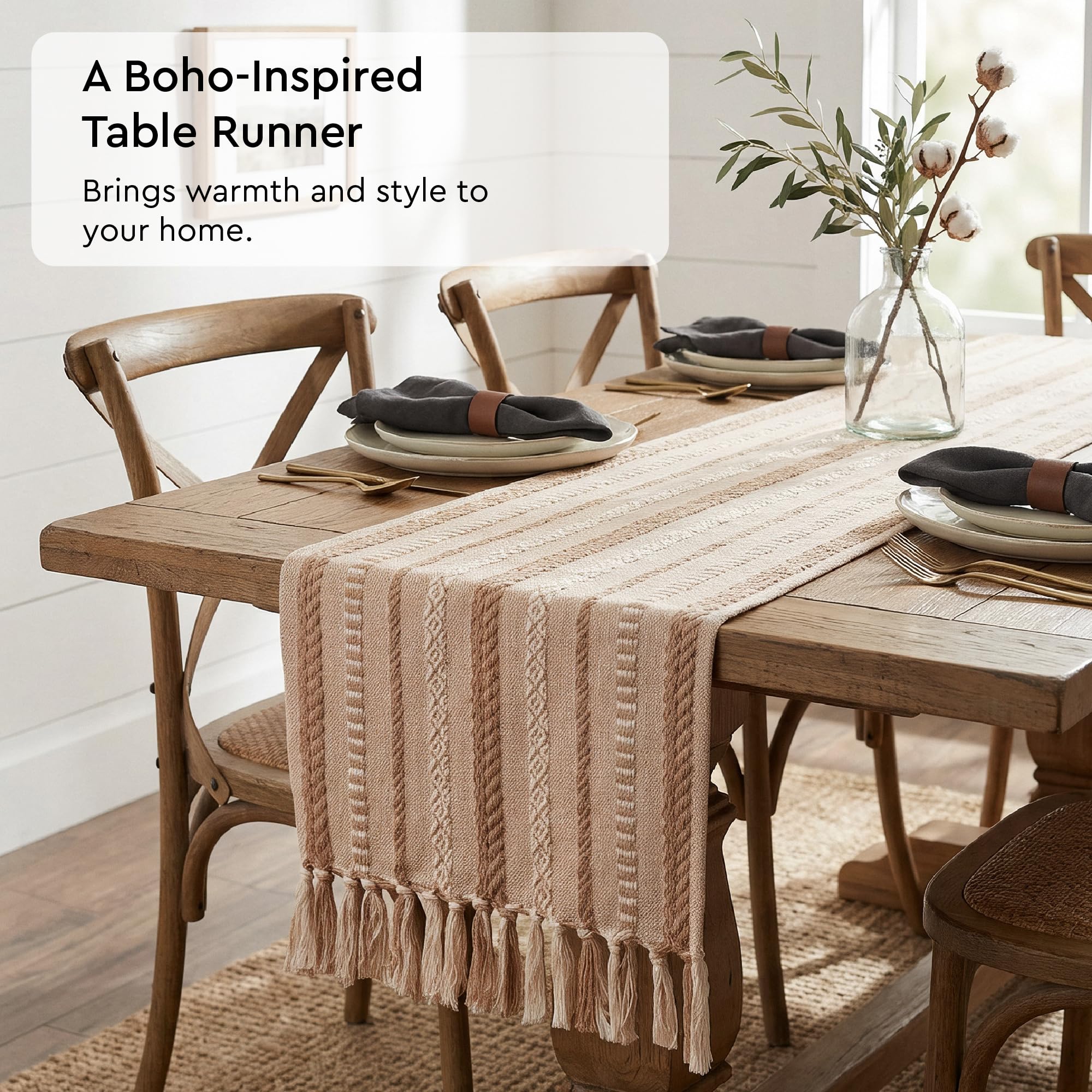 Encasa XO Boho Cotton Table Runner, Woven Jacquard 13"x94" Beige thumbnail