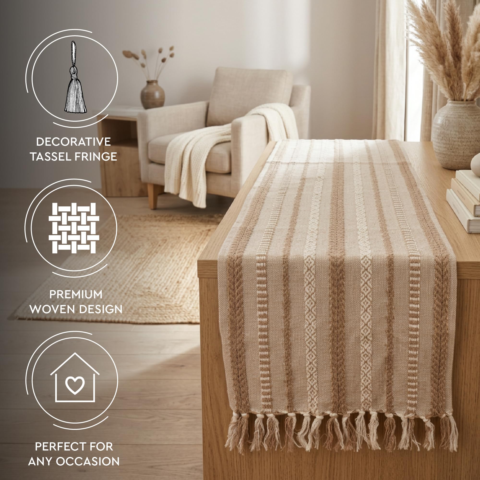 Encasa XO Boho Cotton Table Runner, Woven Jacquard 13"x94" Beige thumbnail